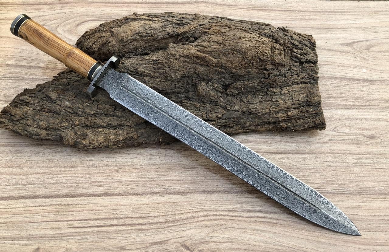 Empire - Handmade Damascus Steel Double Edge Viking Sword with Leather Sheath - Olive Wood Grip - Sharpe Edges - Hunting Sword - Combat Sword - Survival Sword - Best Gift for Him - Birthday Gift