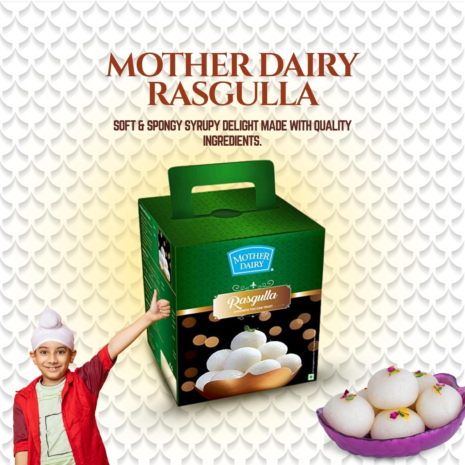 Mother Dairy Rasgulla Indian Sweet, Vegetarian, 1000g, Box, Pack of 2