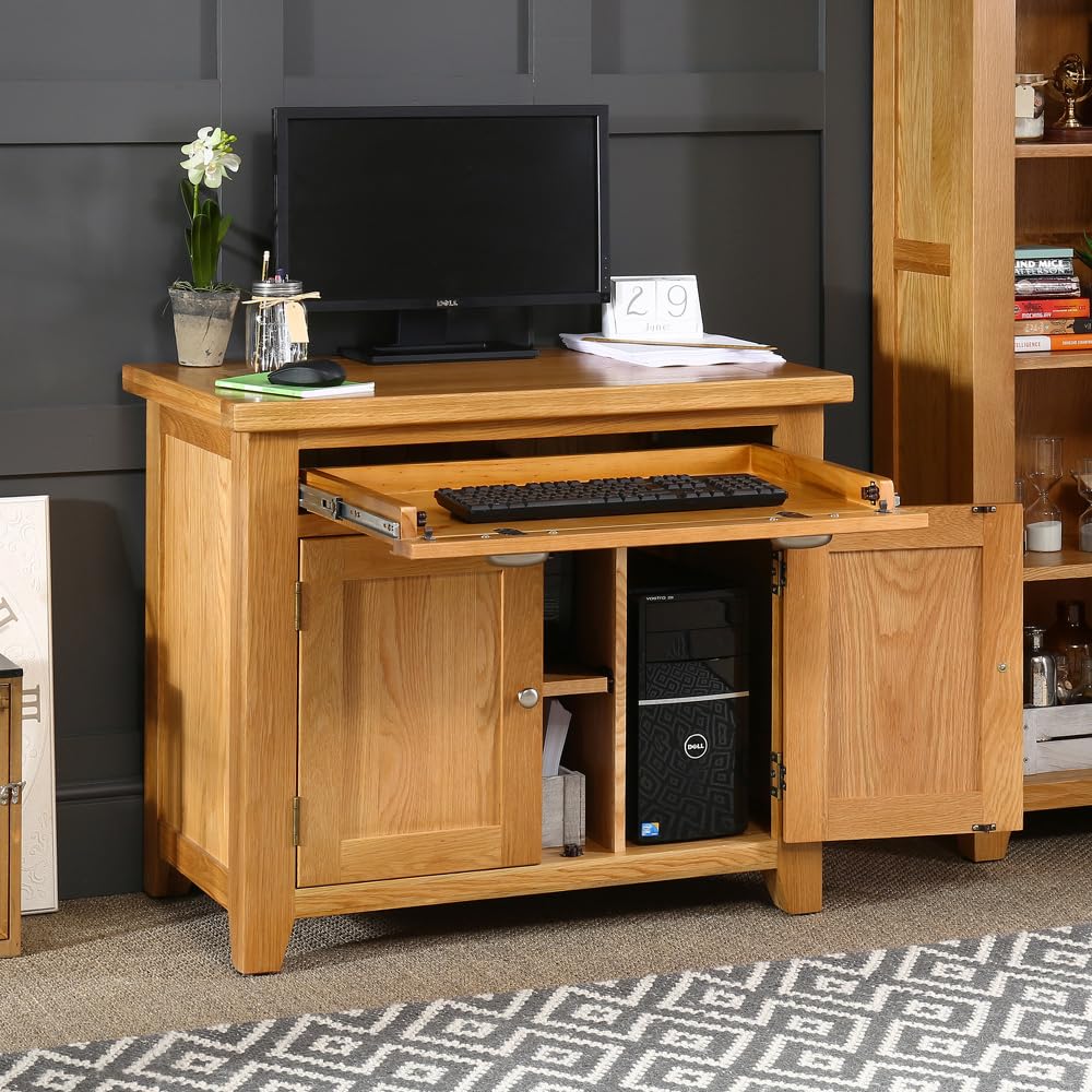 Cheshire Oak Hideaway Home Office Computer Desk - Premium Quality, Natural Oak Finish, Ample Storage, Ideal for Living Room & Home Office - H 785mm x W 910mm x D 555mm