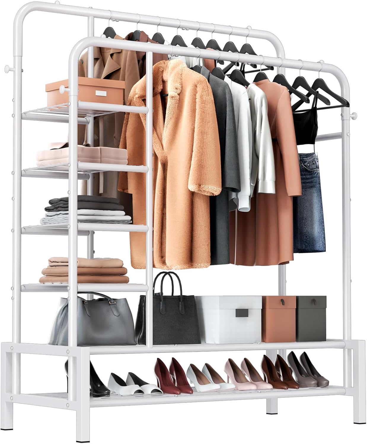 Clothes Rack, Double Rods Clothing Rack with 2 Bottom Shelves & 4 Side Shelves, Metal Garment Rack for Hanging Clothes, Heavy Duty Clothes Rack for Bedroom, Laundry, Living Room, Black