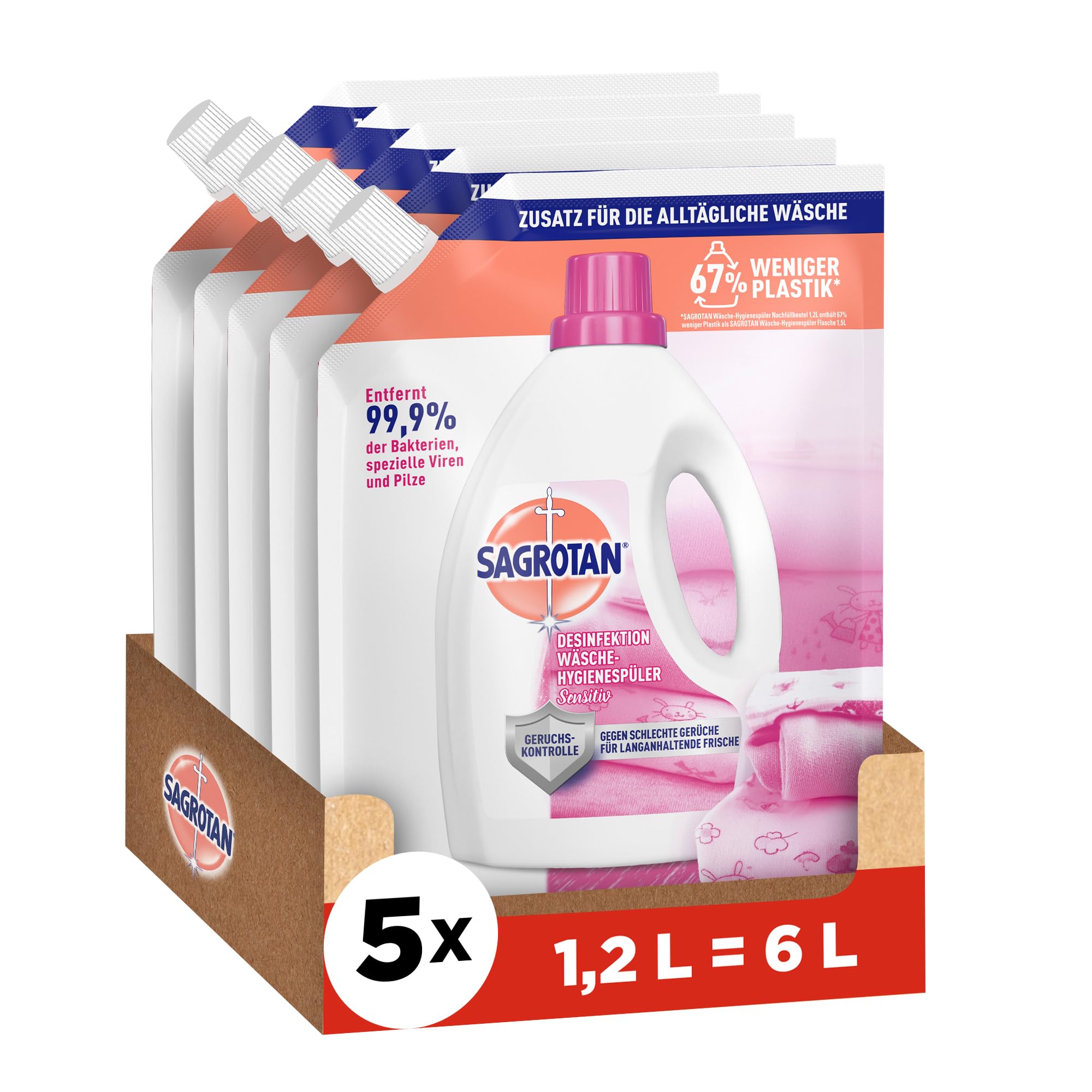 Sagrotan Wäsche-Hygienespüler Sensitiv Nachfüller – Desinfektionsspüler für hygienisch saubere und frische Wäsche – 5 x 1,2 l Reiniger im praktischen Vorteilspack