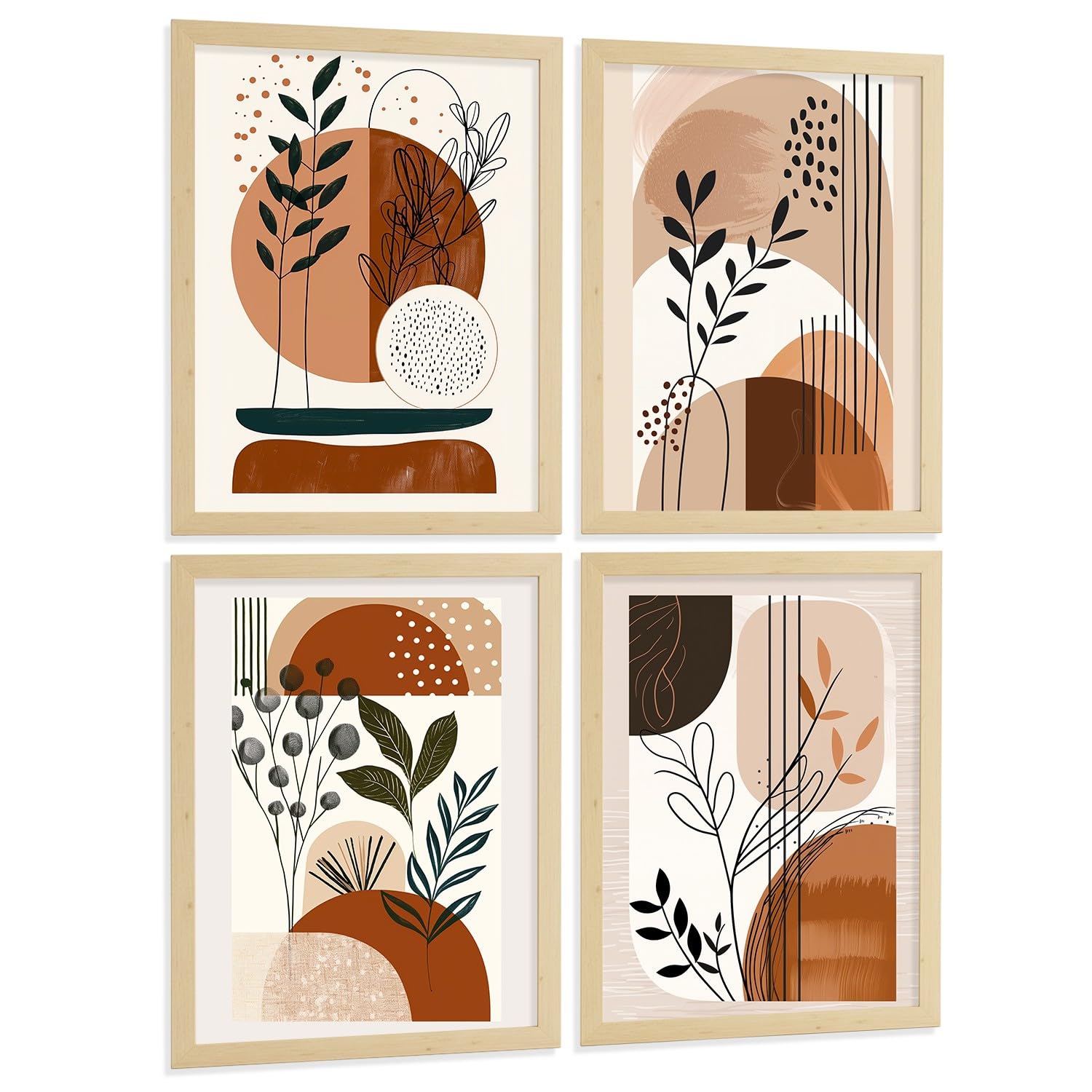 Nacnic Set De 4 Laminas Decorativas Formas Abstractas Botanicas Cuadros Salon Modernos - Posters Decorativos Plantas Marrones Decoración Dormitorios Cocina Baño A3 Marco Madera Clara