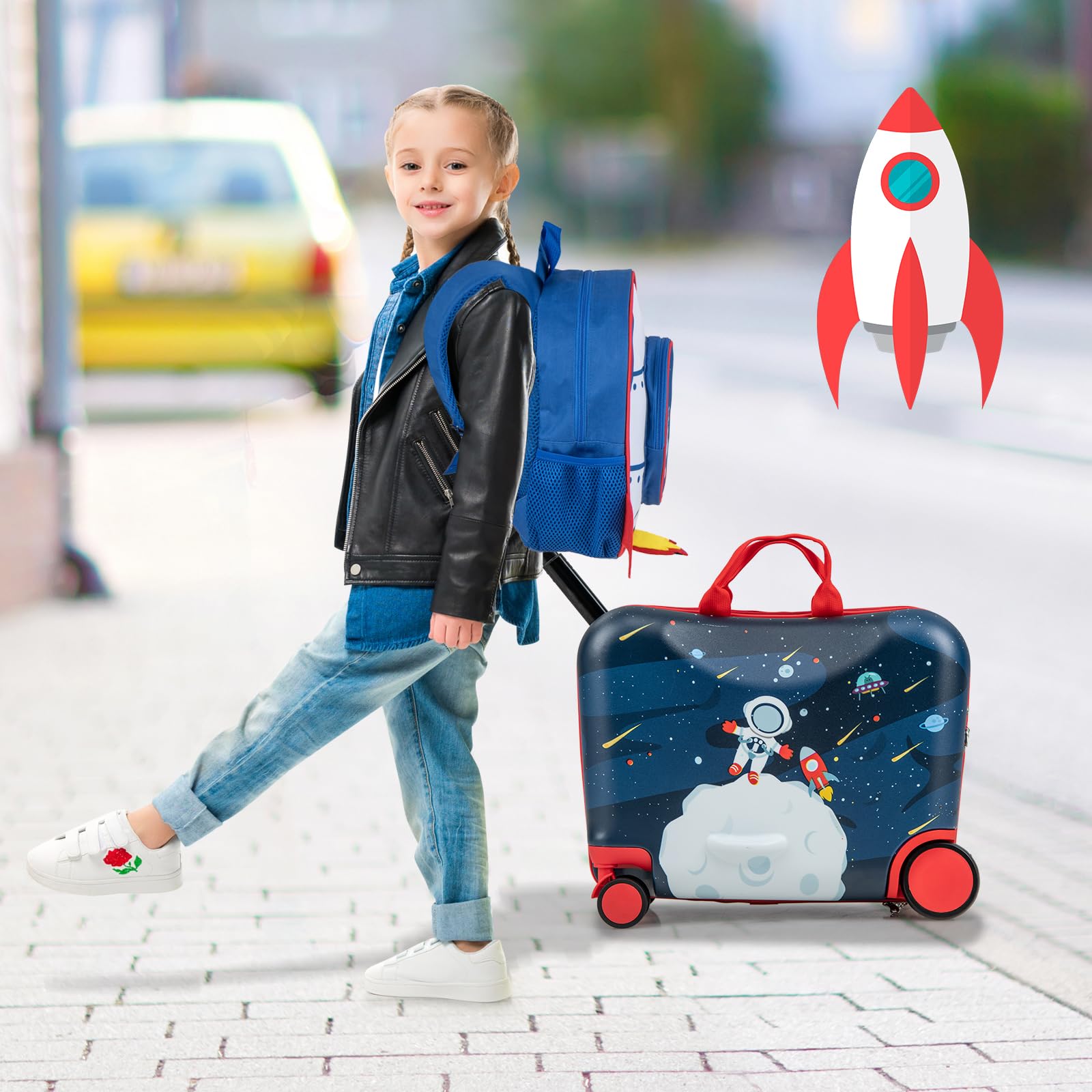 SOARS Kinderkoffer & Rucksack 18”+12”, Reisekoffer mit Rollen & Teleskopgriff, Trolley Kinder, Kindergepäck, Hartschalenkoffer, Kindertrolley für Jungen und Mädchen (Astronaut)