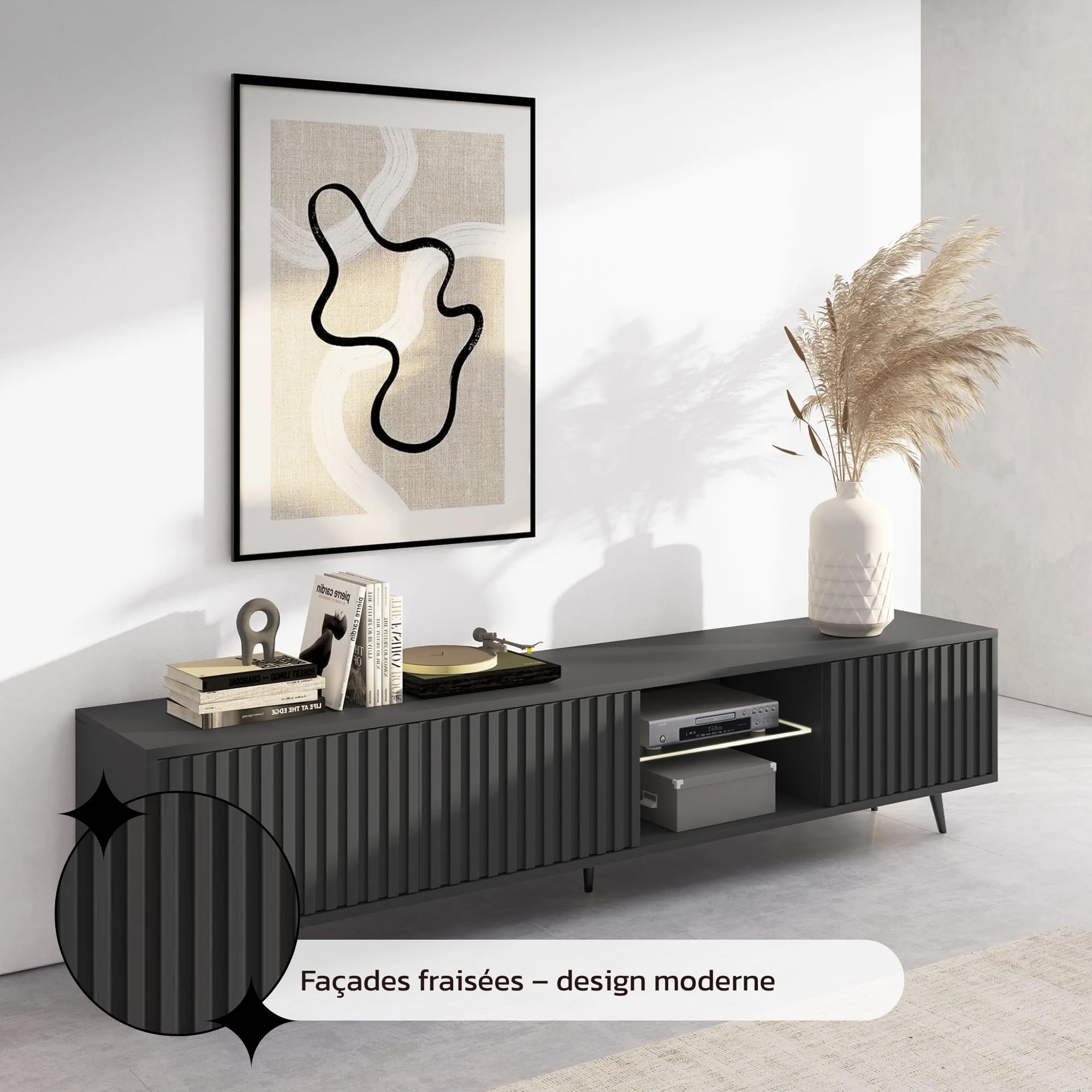 Selsey Meuble TV Armoire De Télévision sur Pieds Noir 175 cm À Lamelles Éclairage LED Noir Bello