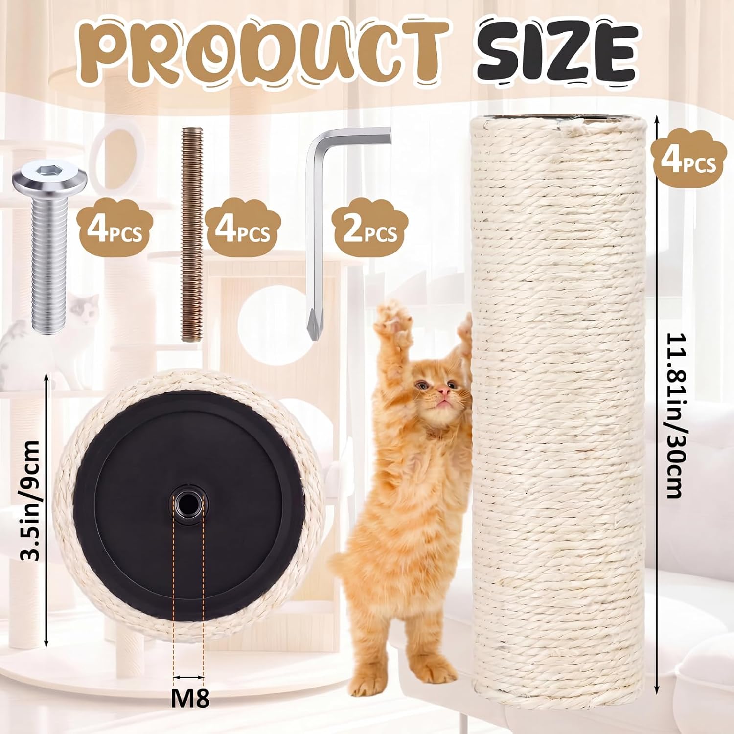 4 Pcs M8 Cat Scratching Post Replacement 11.8x3.5'' Sisal Pole Cat Tree Climbing Post Replacement with Screw, Refill Scratcher Pole for Indoor Kitten Tree Tower Spare Pet (White)