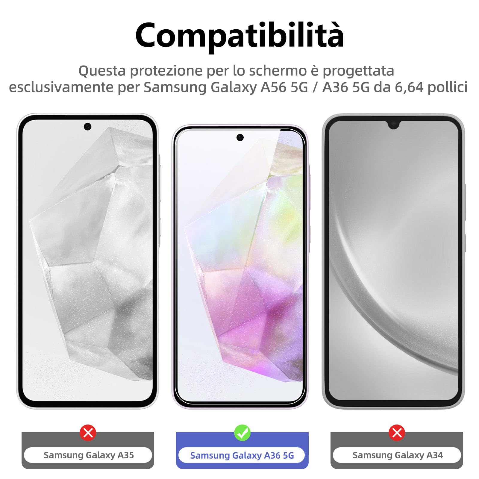 NEW'C 3 Pezzi, Vetro Temperato per Samsung Galaxy A56 5G / A36 5G, Pellicola Prottetiva Anti Graffio, Anti-Impronte, Senza Bolle, Durezza 9H, 0,33mm Ultra Trasparente, Ultra Resistente