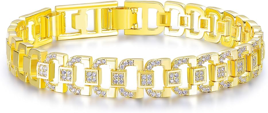 Kose Cuban Link Bracelet for Men Women | 14K Gold/White Gold Plated Chain Wrist Bracelets Pave Cubiz Zriconia,7.5 inch Length