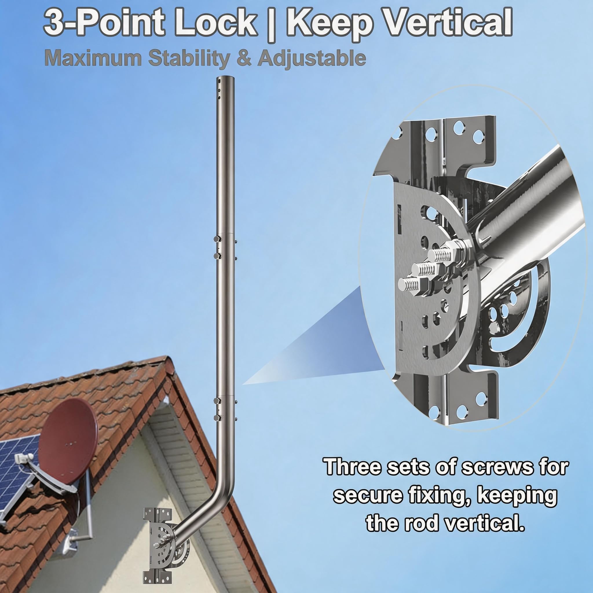 53" Regulowany uchwyt ścienny do anteny – 430 ze stali nierdzewnej J-Pole do Starlink (wymagany adapter), anten telewizyjnych, stacji pogodowych – średnica zewnętrzna 1,38" podstawa (srebrny)