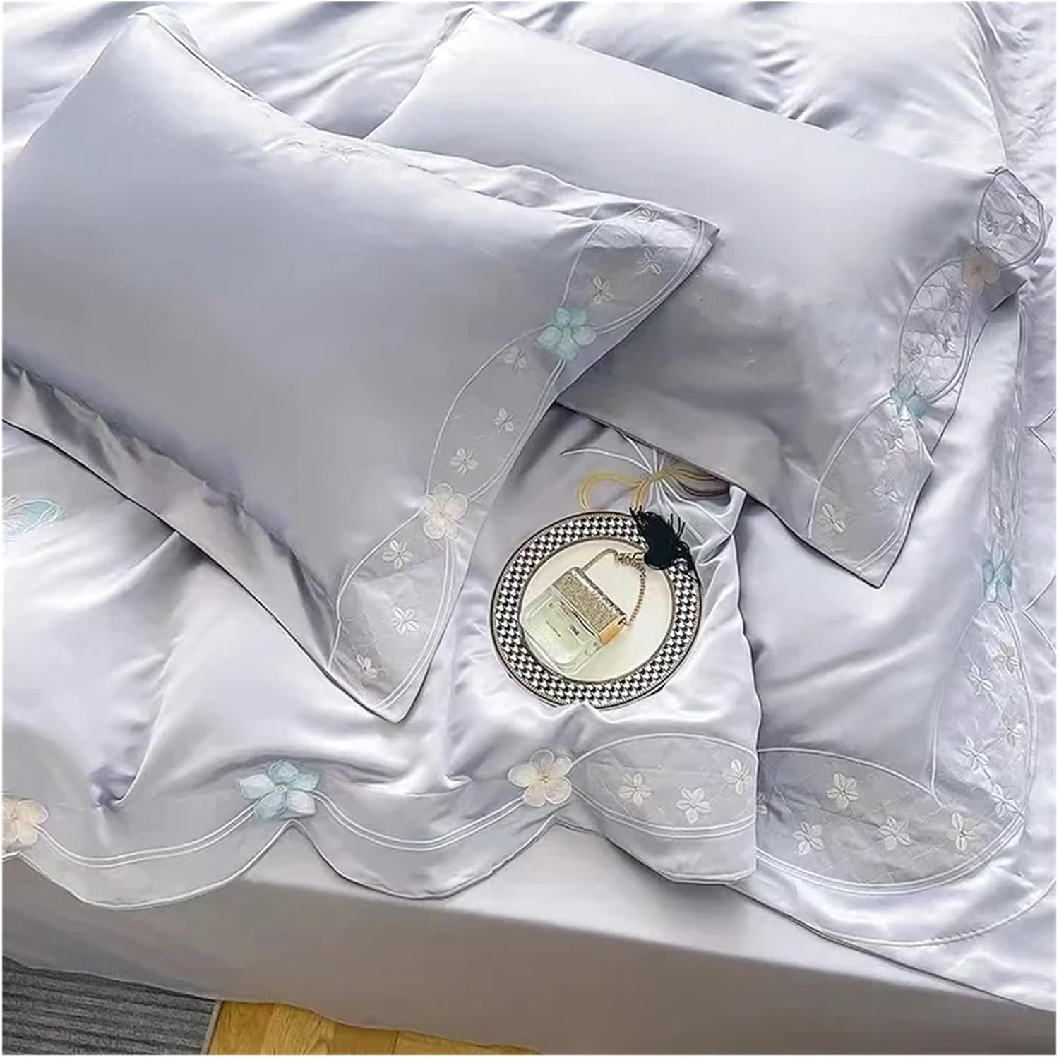 4 Pcs Luxury Count Cotton Duvet Cover Set Butterfly Embroidery King Size Quilt Cover Queen Size Flat Sheet Pillowcase,Bed