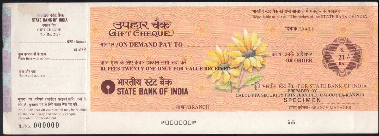 PHILAIMPEX, State Bank of India Gift Cheque Specimen with Counter Part Value Rs.21,Rare
