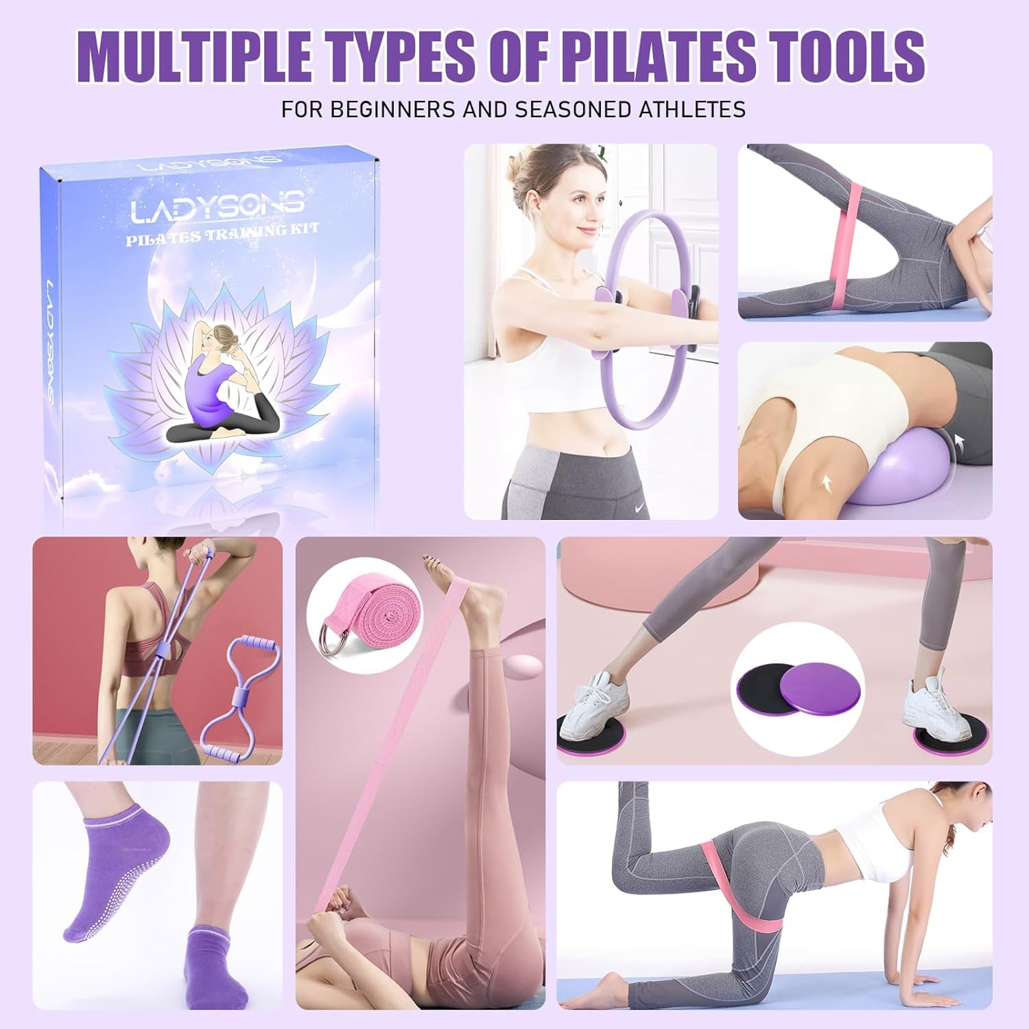 Jazvinto 10 Teiliges Pilates Set, Pilates Ball Pilates Ring Zubehör Set für Zuhause, Pilates Essential Kit für Frauen mit Yoga Ball, Yoga Ring