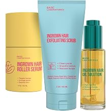 BASE LABORATORIES Ingrown Hair Routine Trio, Ingrown Hair Oil, Exfoliating Body Scrub & Ingrown Roller, 3-Step Skincare Routine for Razor Bumps, Bikini Line, Underarms, Legs, Face, Neck & Beard Area