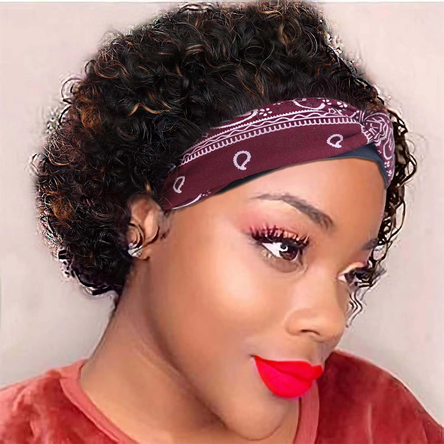 Headband Wig Human Hair Highlight Curly Short Wigs for Women Black with BROWN Similar to #30 Kinky Curly Bob Glueless Human Hair Wigs Machine Made No Lace Deep Curly Headband Wig Color F1B/30#