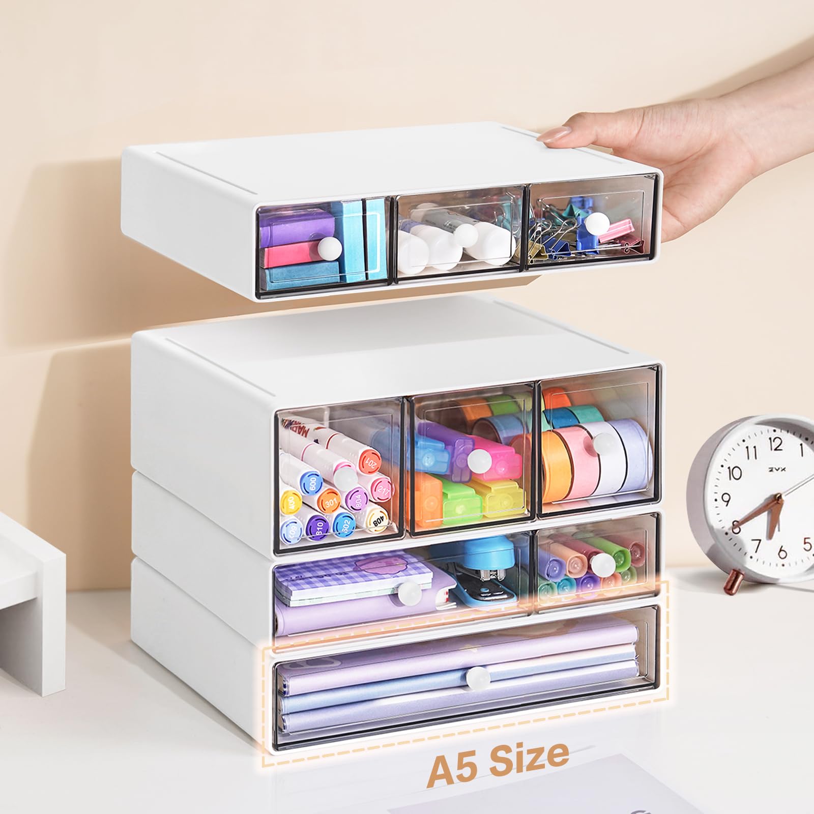 FODIENS - Organizador de almacenamiento de escritorio con 9 cajones, cajones apilables de 4 niveles, caja de almacenamiento transparente para maquillaje, joyas, suministros de manualidades de oficina