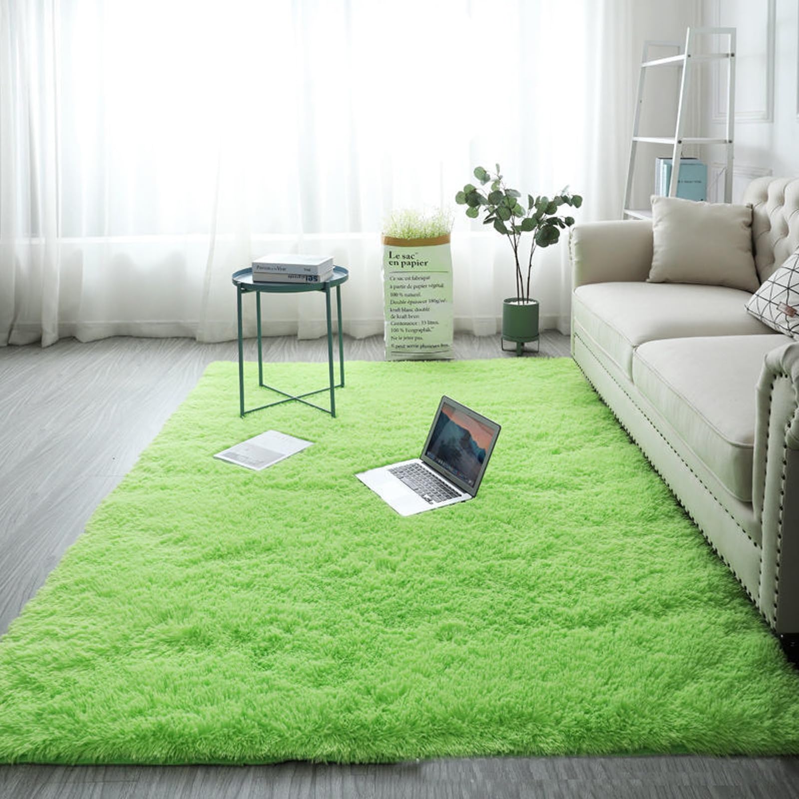 Tapis à fourrure vert tendre pour grand salon cosy