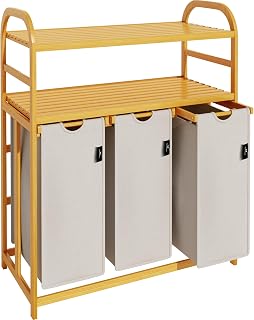 AdelDream Laundry Basket 150 L 3 Compartments 2 Shelves Extendable and Removable Laundry Bag Laundry Hamper Bamboo Frame Laundry Basket Laundry Sorter Bamboo Light Grey