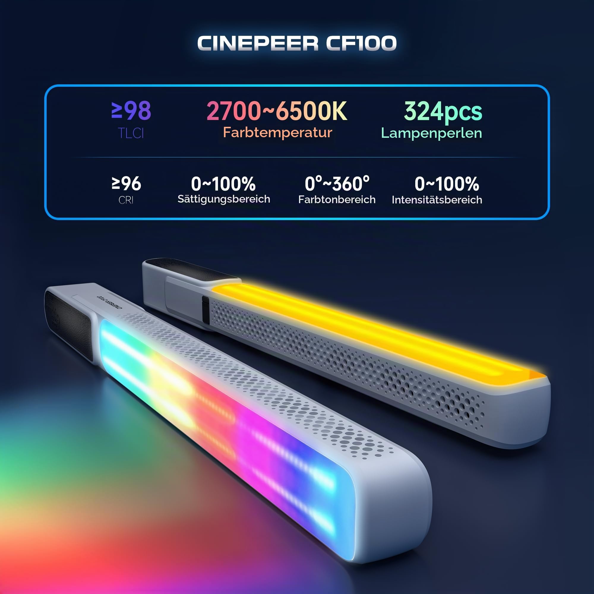 ZHIYUN CINEPEER CF100 [Offiziell] 100W RGB Lichtstab, Tragbar Videolicht Stick mit 2700K-6500K CRI 96+ TLCI 98+, Videoleuchte mit 6 Lichteffekten Kontinuierliche Ausgangsbeleuchtung Fotografie für YT