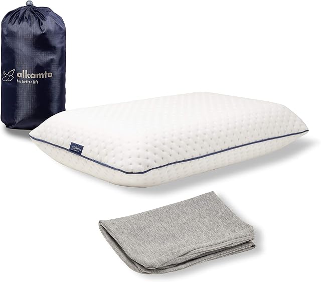 alkamto Travel Pillow-Camping Pillow-Orthopedic Neck Support Memory Foam Pillow with Extra Cotton Cover-Easy to Carry Bag-Temperature Regulating Pillowcase -Small Pillow for Traveling