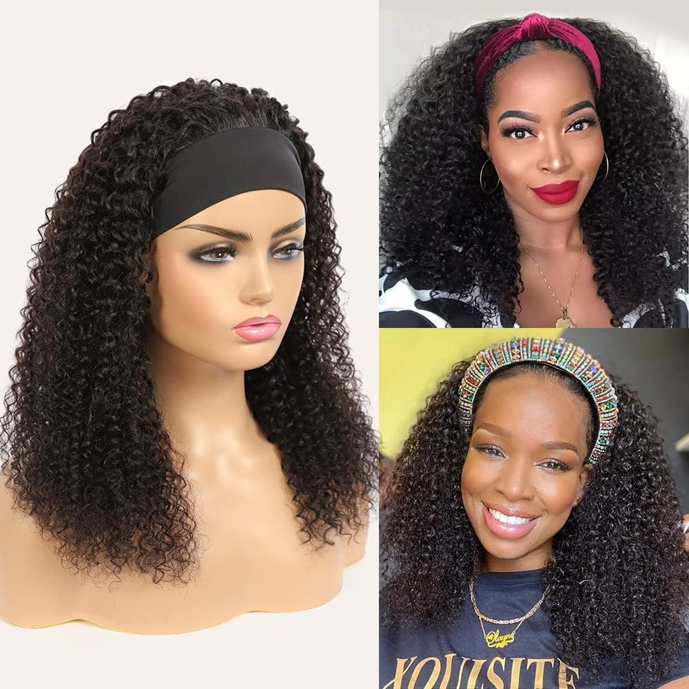Headband Wig Brazilian Human Hair Wig For Black Women 14 inch Human Hair Kinky Curly Wigs for Black Women Glueless None Lace FrontWig 150% Density Real Hair Wigs Human Hair - Image 3