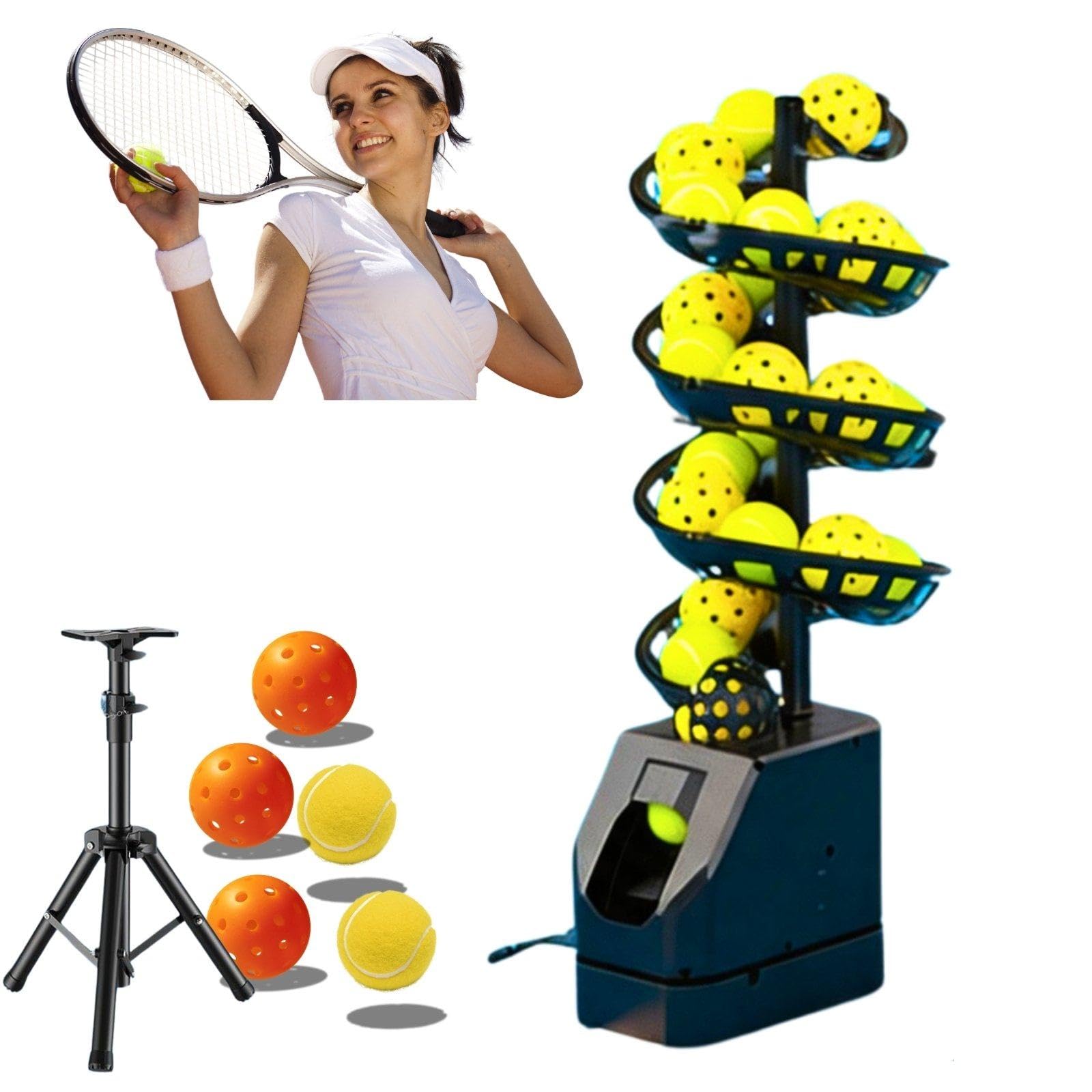 Sparapalle Tennis e Pickleball con Base Triangolare, Lanciapalle da Tennis Regolabile in Altezza, Angoli e velocità, per Tutte Le età e Singolo