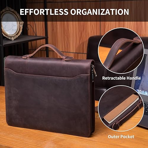 Miniatura 8 de Geslun Cartera de cuero de grano completo con asa, cartera de negocios de cuero genuino con cremallera con soporte para bloc de notas A4 y bolsillo