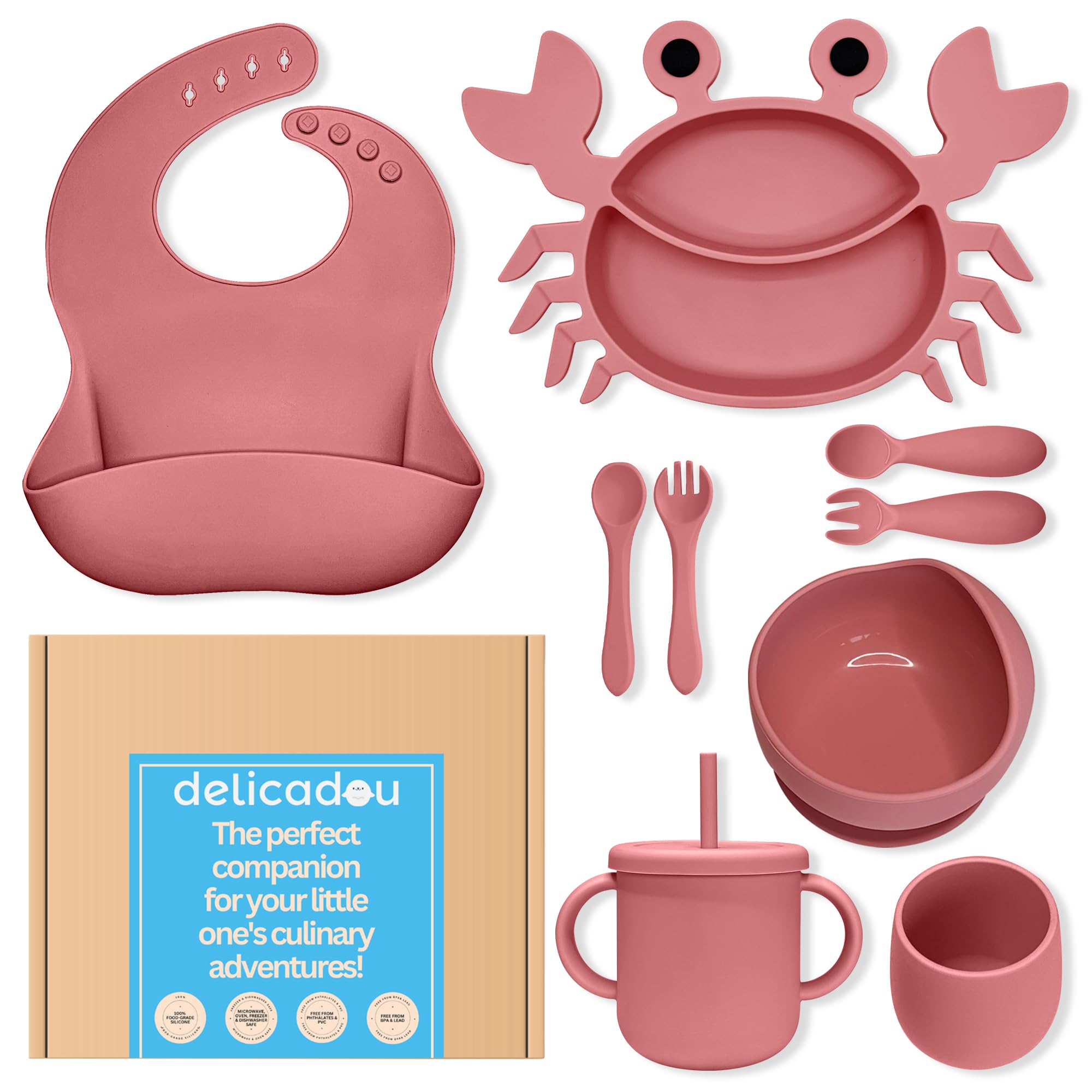 Silicone Baby Feeding Set - 9 Pieces - First Stage Solid Food Eating Baby Utensils - 6+ Months - Crab Shape
