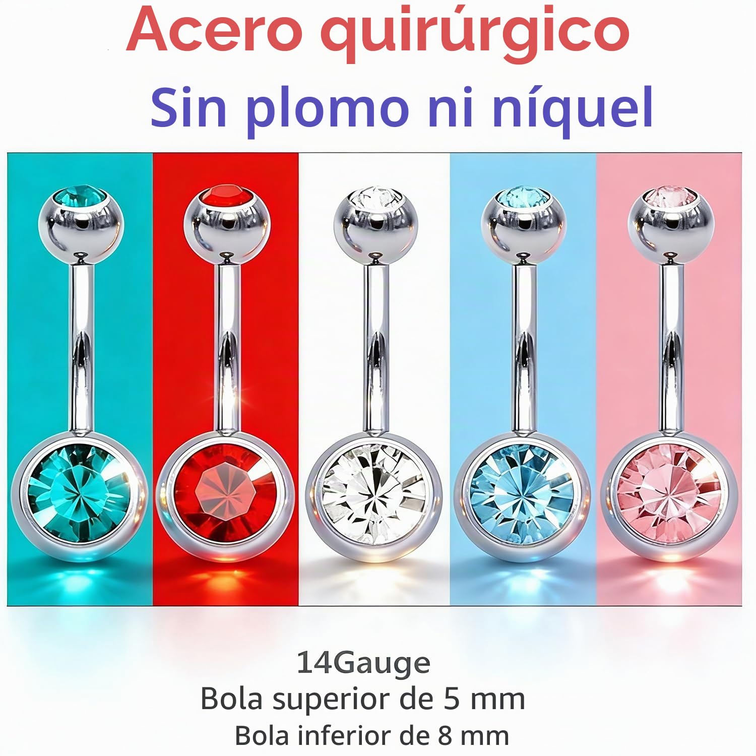 Amaza Piercing Ombligo con Dos Circonitas, 20 Colores Anillos Ombligo Acero Inoxidable, Joyas para el Ombligos Pircing Ombligos con Bolsita de Almacenamiento, Calibre 14G(1,6 mm x 11 mm)