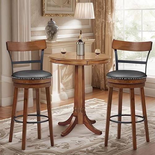 Miniatura 3 de ERGOMASTER Bar Stools Set of 2 Swivel Bar Height Bar Stools for Kitchen Island, PU Leather Upholstered Barstools with Back & Solid Rubber Wood Legs