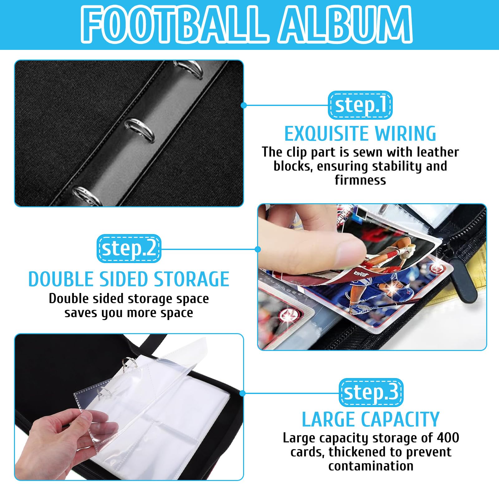 TZQFROCE Verzamelkaartenalbum, voetbal, 50 pagina's, 400