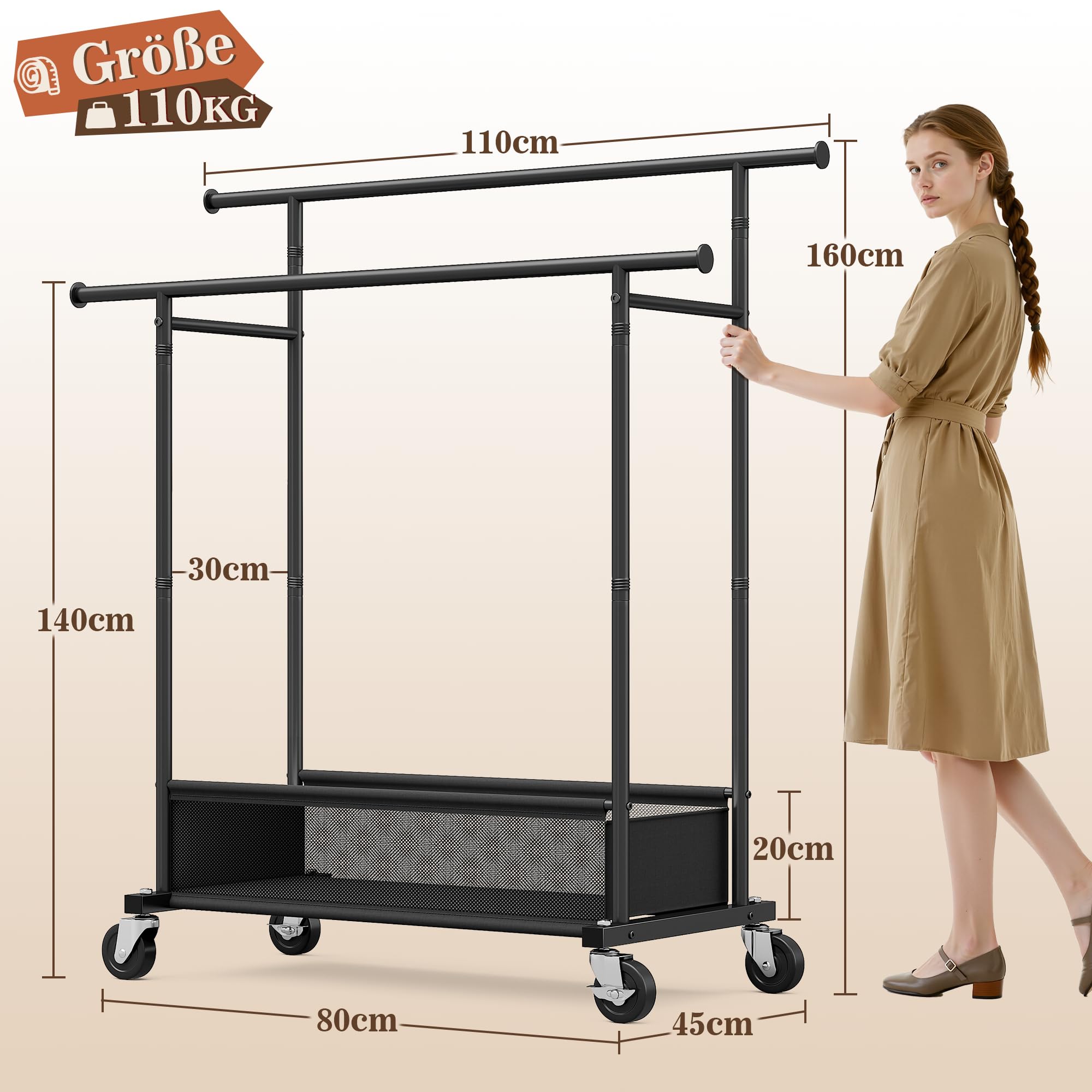 110cm Doppelter Kleiderständer auf Rollen, 110KG Traglast Stabil Kleiderständer mit 48L Wäschekorb, Kleiderstange für Mäntel, Jacken, Pullover, Kleider, Schlafzimmer, Mietwohnung, Schwarz