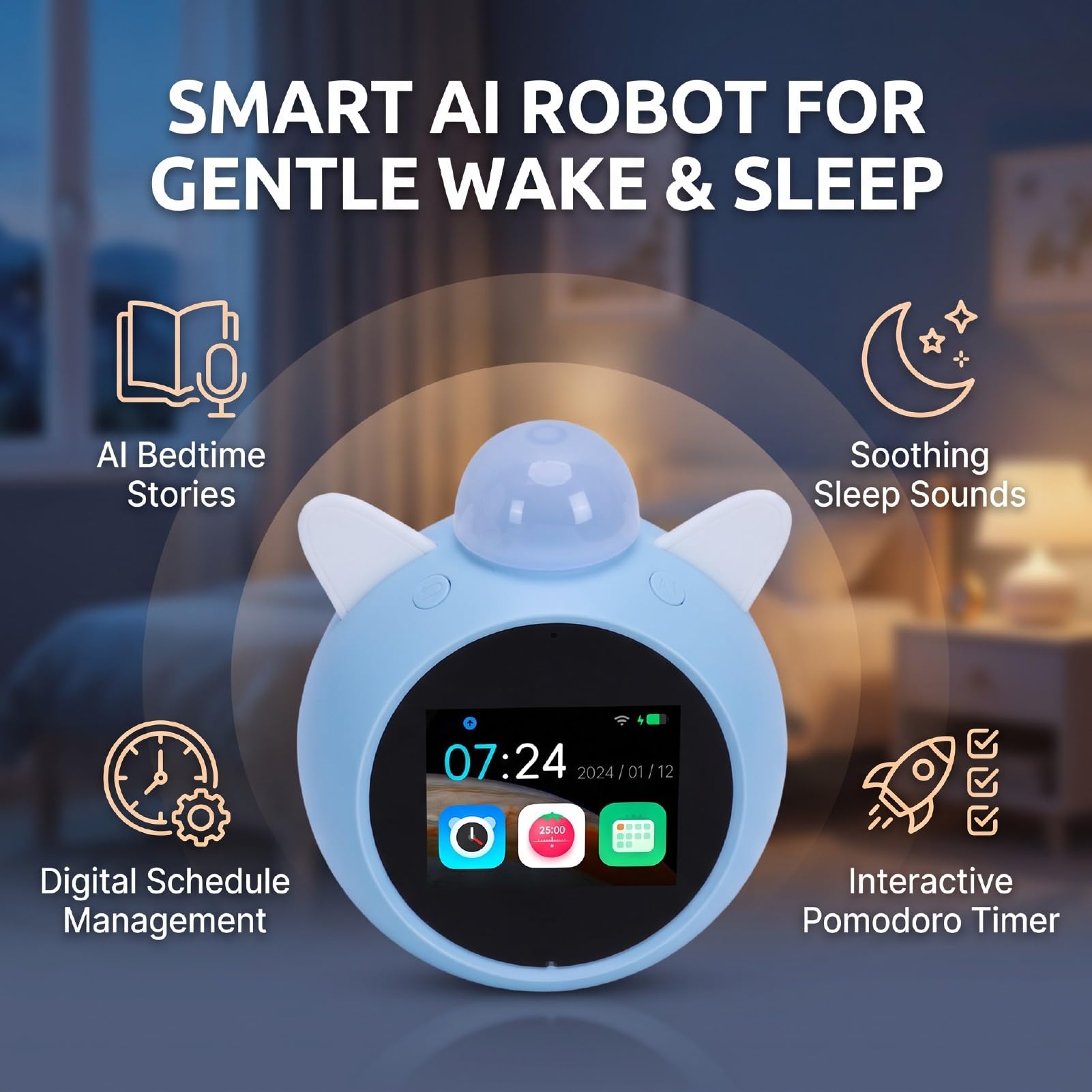 GOWENIC Sveglia Intelligente con Intelligenza Artificiale e Storie della Buonanotte |Touch Screen WiFi Luce Notturna Rumore Bianco per Aiutare a Dormire i Bambini