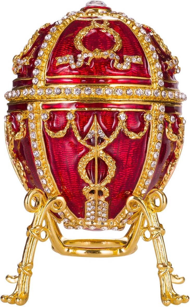 Review Discount Russian Faberge Style Rosebud Egg / Trinket Jewel Box with Flower and Pendant 3.8'' red