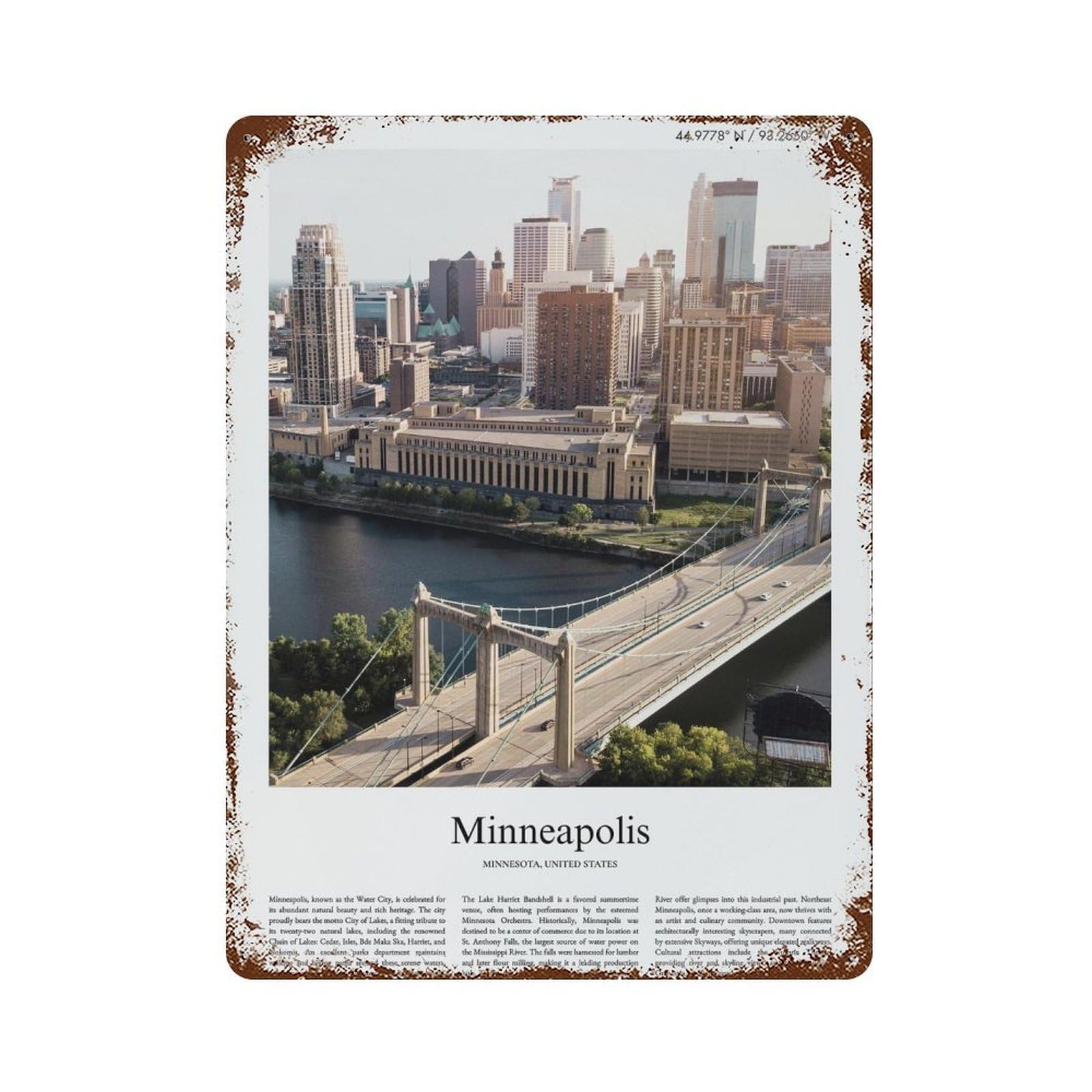 xiaoxiaoshen Minneapolis Minnesota, United States, USA City Scenery Wall Decor Art Metal Tin Poster Modern Home Decor Art Home Bar Shop Decorations Vintage Sign 40x30cm