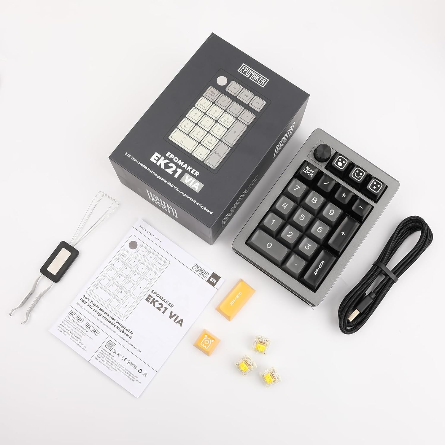 EPOMAKER EK21 package contents including the number pad, USB-C cable, keycap puller, switch puller, and extra switches.