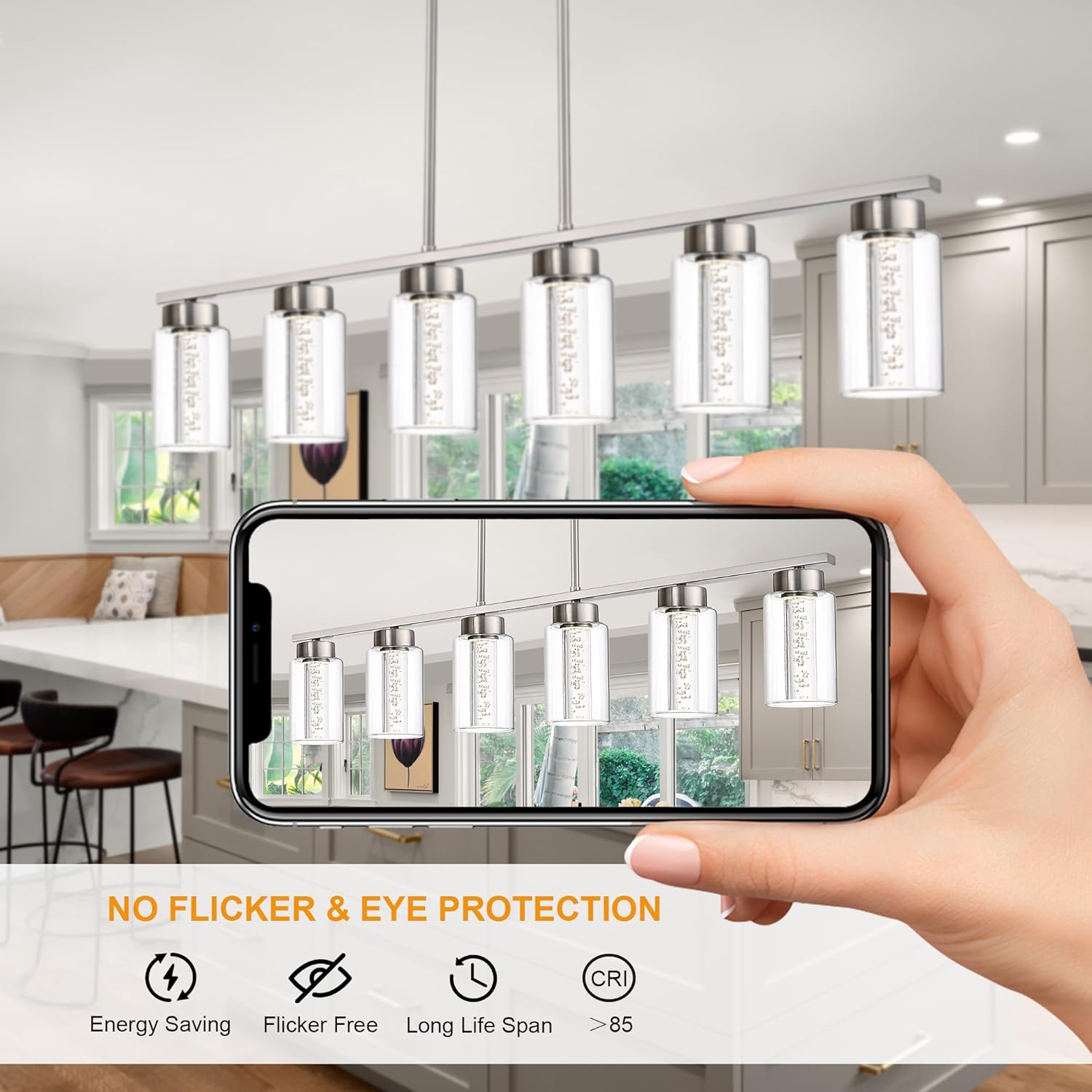 TODOLUZ 6-Lights 5CCT LED Pendant Light Fixtures LED Integrated Bulbs Included, Modern Dining Room Linear Chandelier with Bubble Crystal LED & Clear Glass Shade, Brushed Nickel Kitchen Island Light