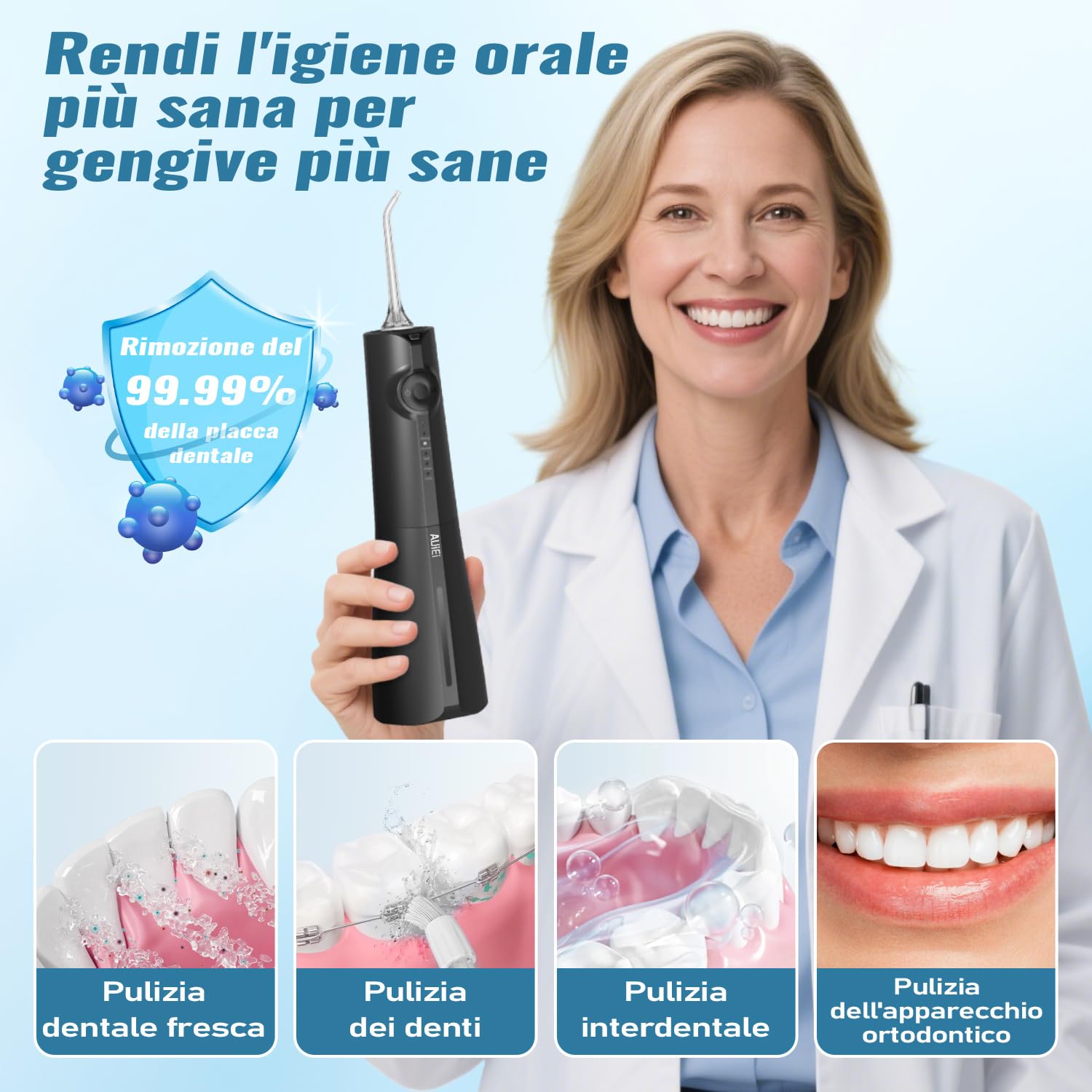 AUIEI Idropulsore dentale senza fili, irrigatore orale con 5 modalità e 8 ugelli, water flosser elettrico impermeabile IPX7 con serbatoio da 300 ml per casa e viaggio (Nero)