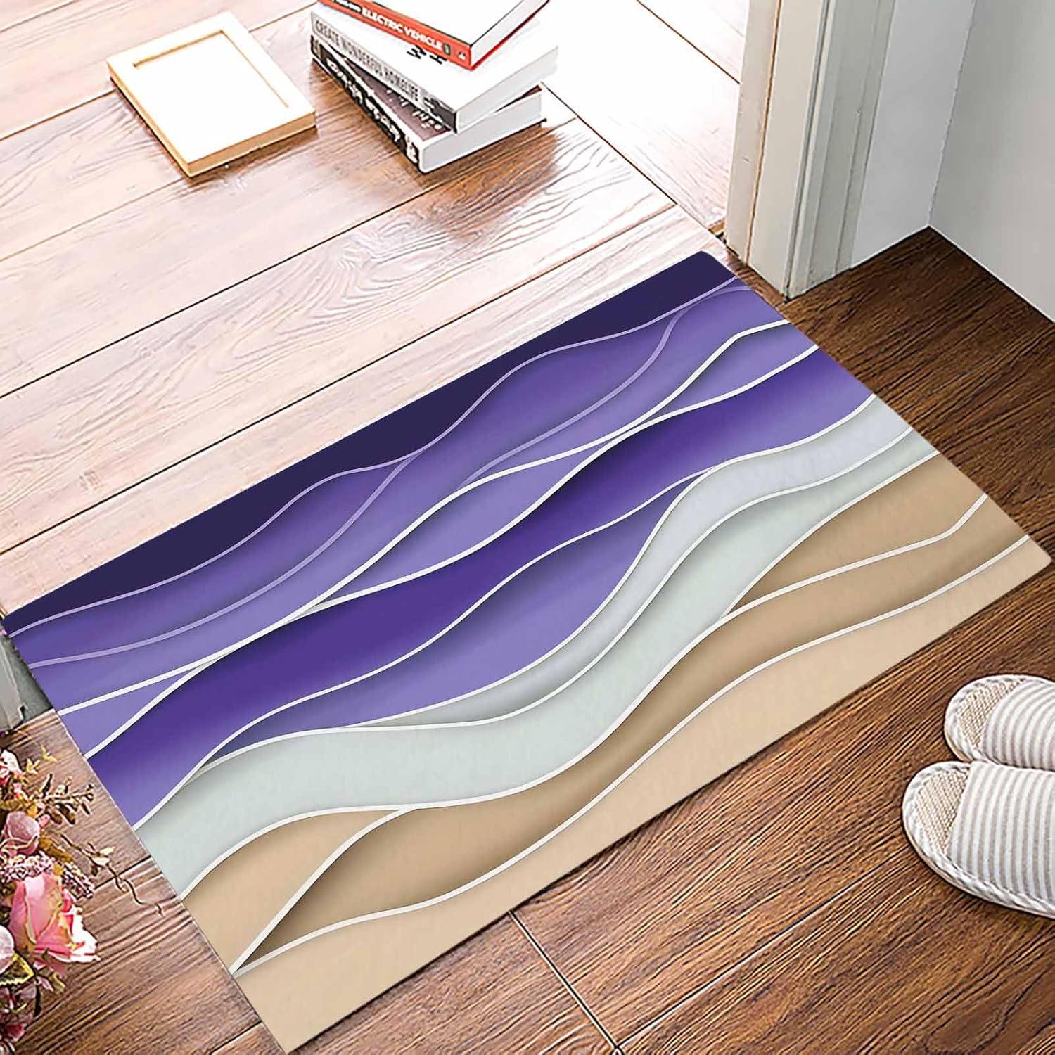 Purple Brown Entrance Floor Mat Personalized Doormat, Ocean Wave Striped Gradient Welcome Door Mat, Low Profile Non Slip Entry Rugs for Kitchen Bathroom Home Front Decor, 18x30in