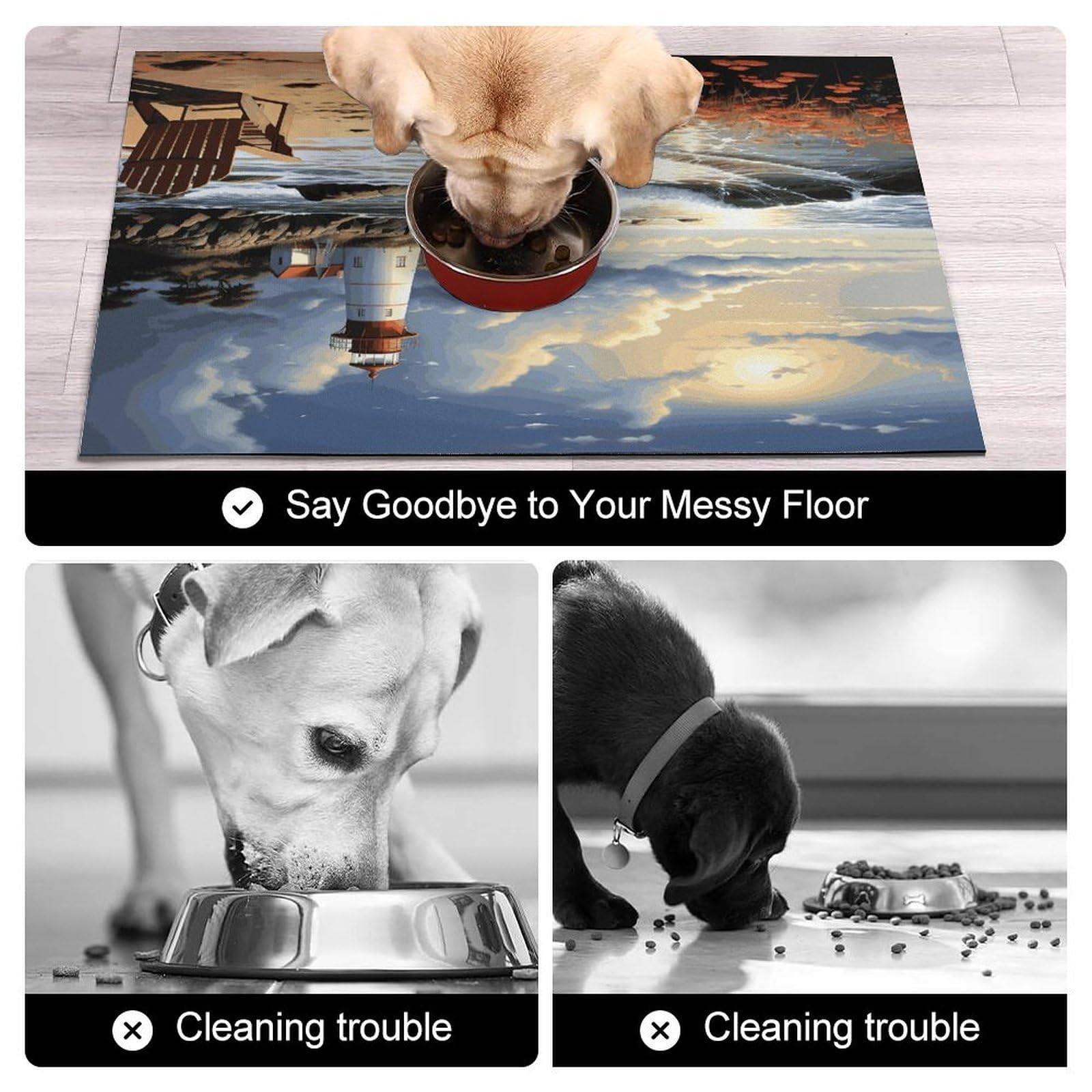 Sea Lighthouse Sandbeach Tapis de nourriture pour chat – Tapis d'alimentation antidérapant pour chien facile à nettoyer pour la nourriture et l'eau, tapis de gamelle pour chien et chat, 61 x 81,3 cm