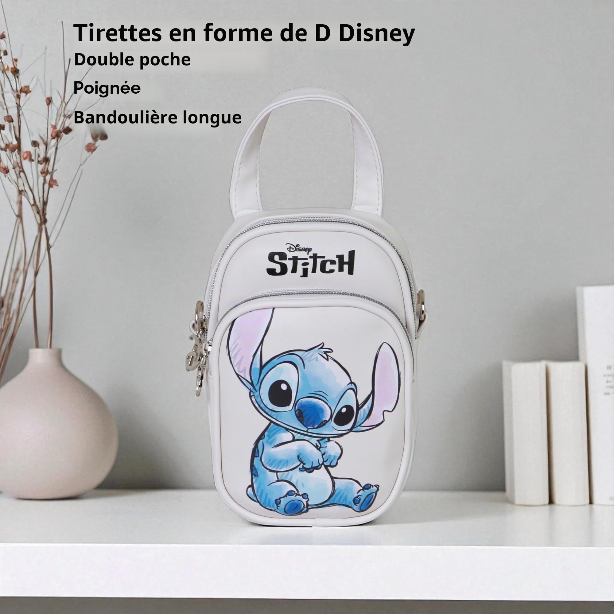 Disney Mini Sac Bandoulière Stitch Double Poche Beige 20x15x7 cm | Petit sac design compact, bandoulière réglable et fermetures éclair pour usage quotidien femme