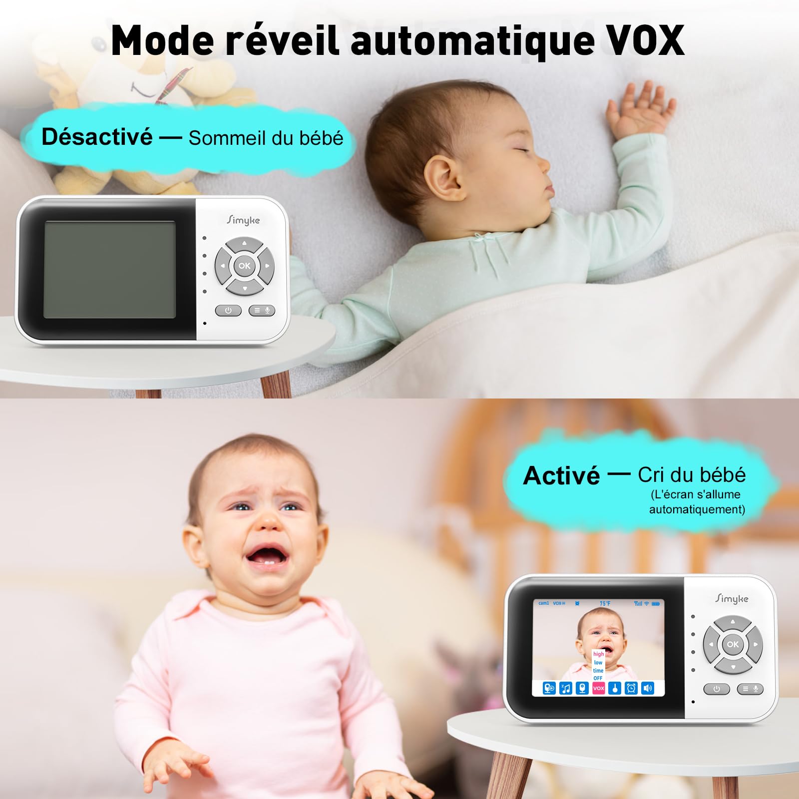 Simyke Babyphone 2 Caméras, écran IPS sans Fil Direct, Connexion APP WiFi 2,4G, Vision Nocturne Automatique, Batterie 2500mAh, Mode VOX, Appel bidirectionnel, détection de température.