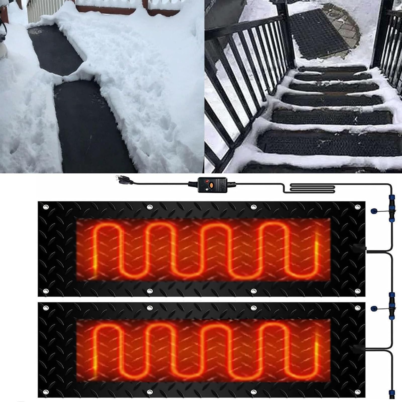 Tapis de Fonte de Neige – Tapis de Neige extérieur antidérapant en Caoutchouc avec Cordon d'alimentation for l'hiver(25.4x76.2cmx2Pcs)