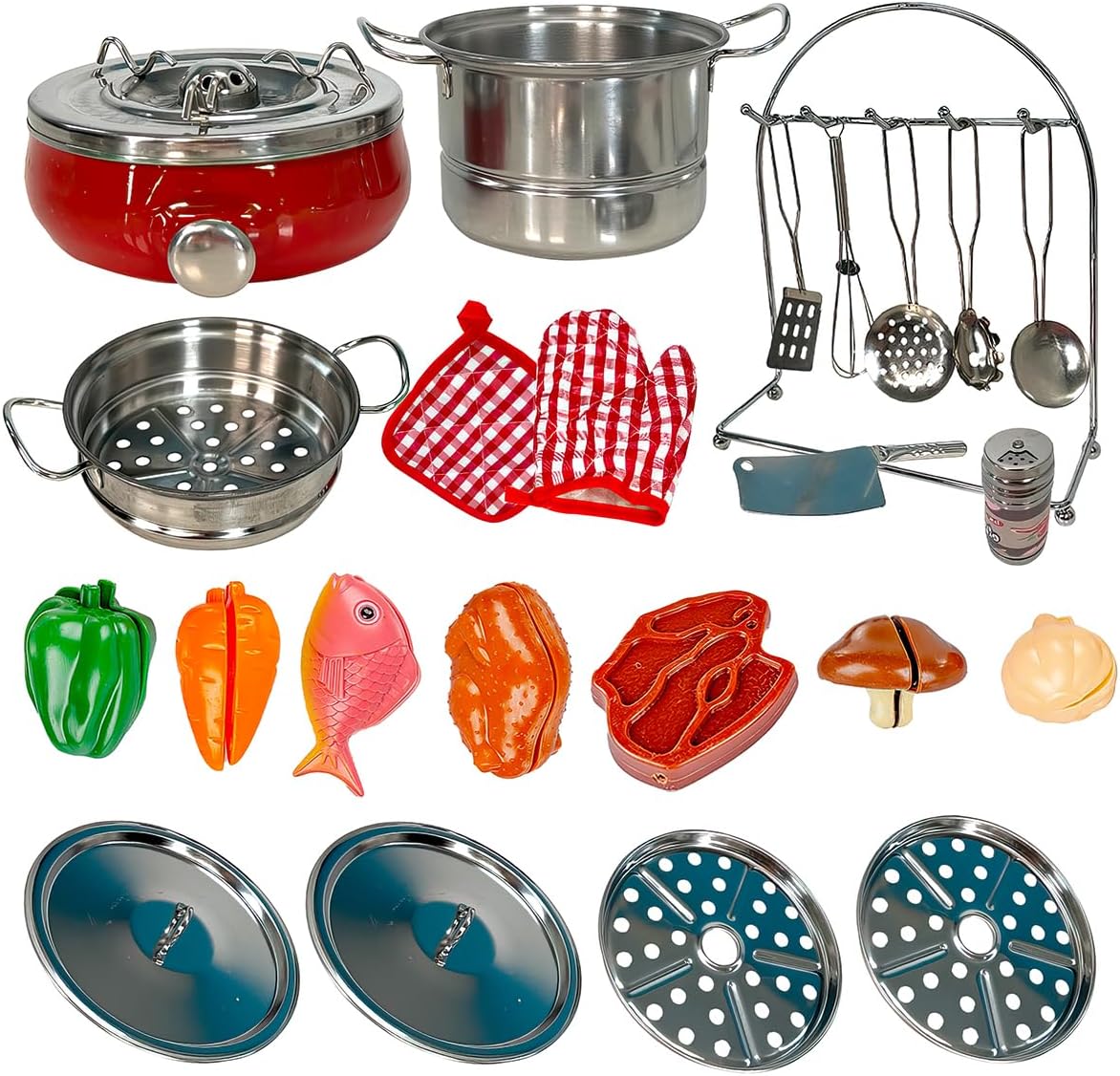 25 Pieces Kitchen Pretend Toys Stainless Steel Cookware Playset Varieties Tea Pot Pans Cooking Utensils Kids Play Food Fruits Vegetables