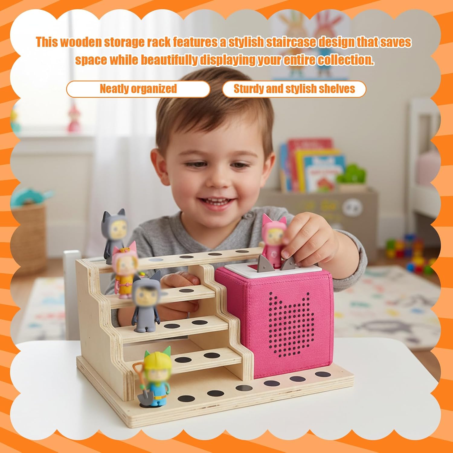 Wooden Storage Shelf Compatible with Tonies, Magnetic 4 Tiered Shelf Compatible with Toniebox and 21 Figures, Space-Saving Staircase Display Holder for Audio Player and Accessories