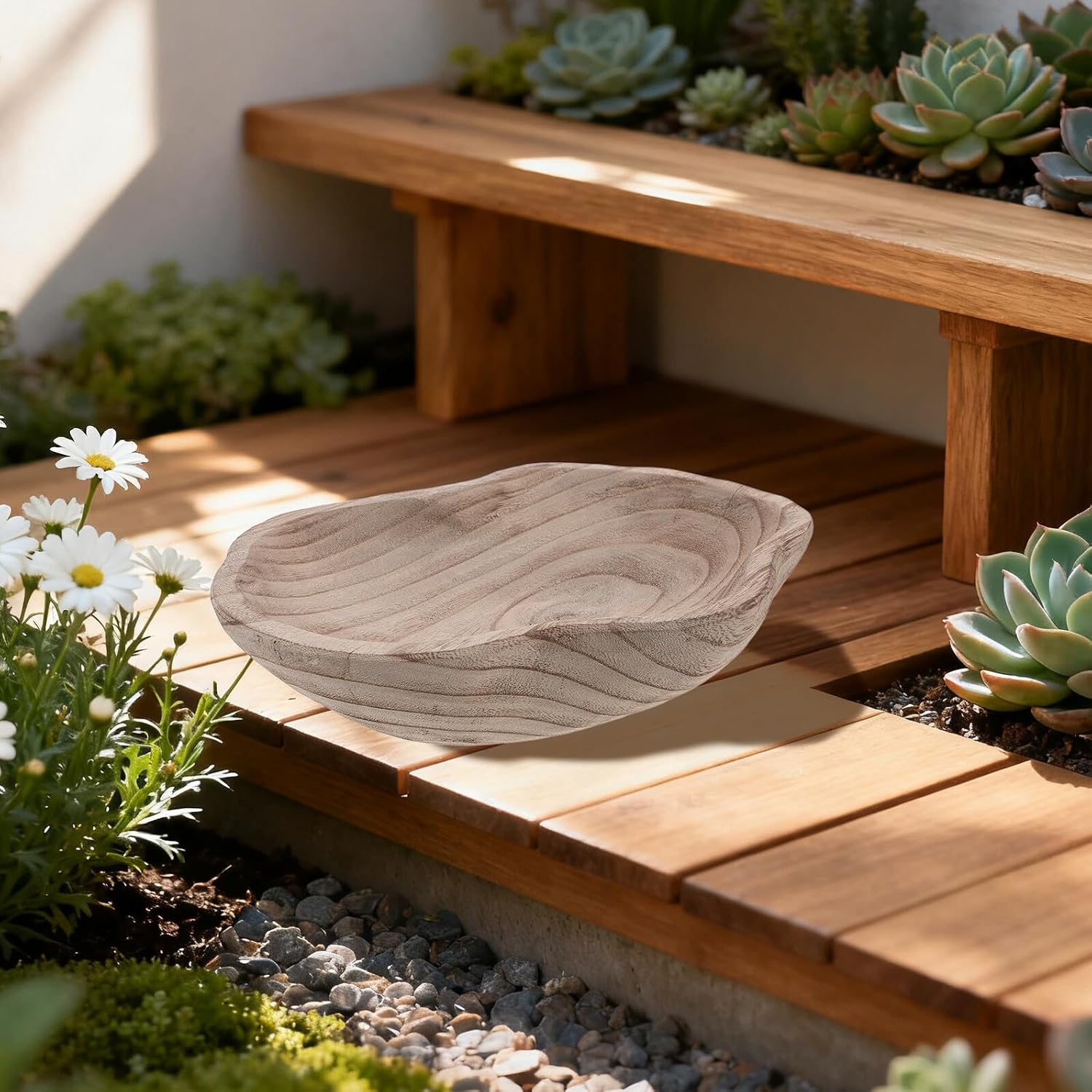 Wooden Bird Bath Bowl, Shallow Garden Basin for Wildlife