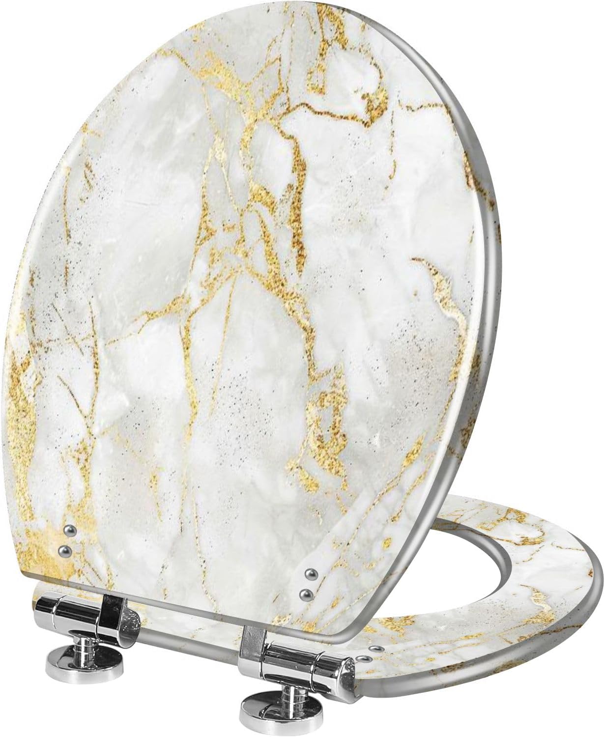 Elongated Toilet Seat White gold marble luxury wall texture shine golden line pattern Resin Toilet Seat Quietly Close Quick Release Hinges Decorative Toilet Seat with Cover Easy to Install