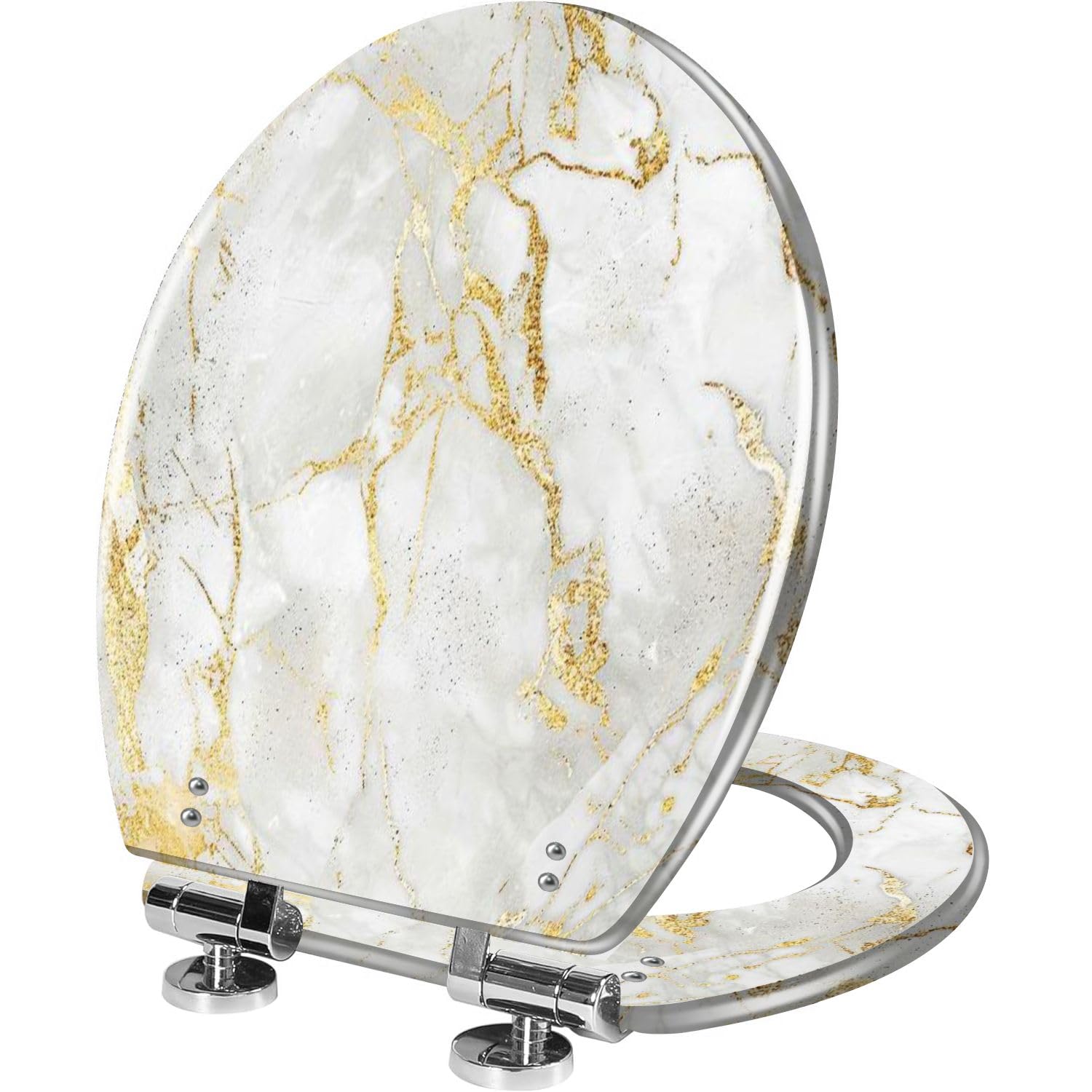 Elongated Toilet Seat White gold marble luxury wall texture shine golden line pattern Resin Toilet Seat Quietly Close Quick Release Hinges Decorative Toilet Seat with Cover Easy to Install