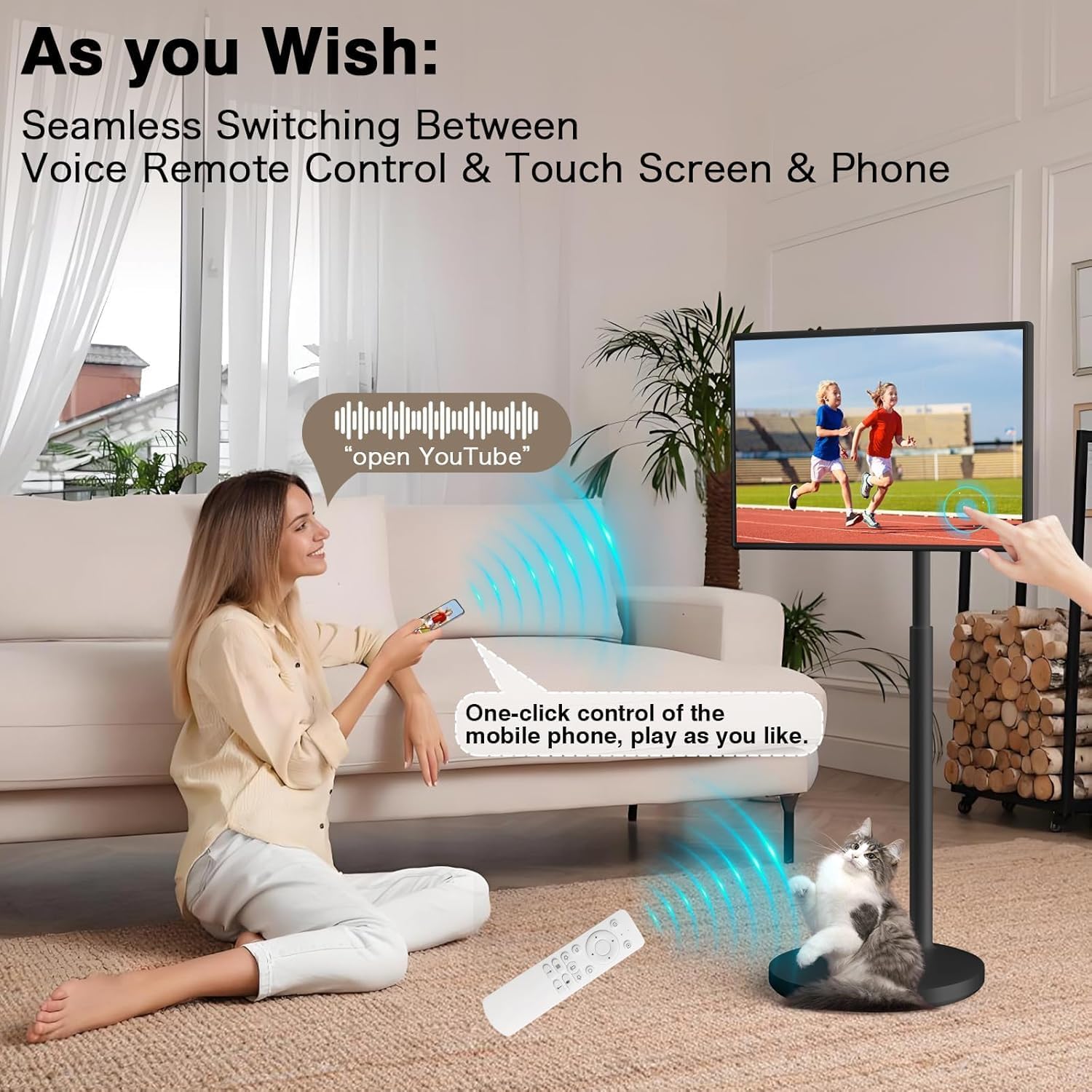 Portable TV, 32-Inch Smart Wireless Portable TV on Wheels, Rolling Tablet with Smart Touch Screen Monitor, Built-in Battery & 4K Camera, Voice Remote Control, Full Swivel Rotation (Premium Black)