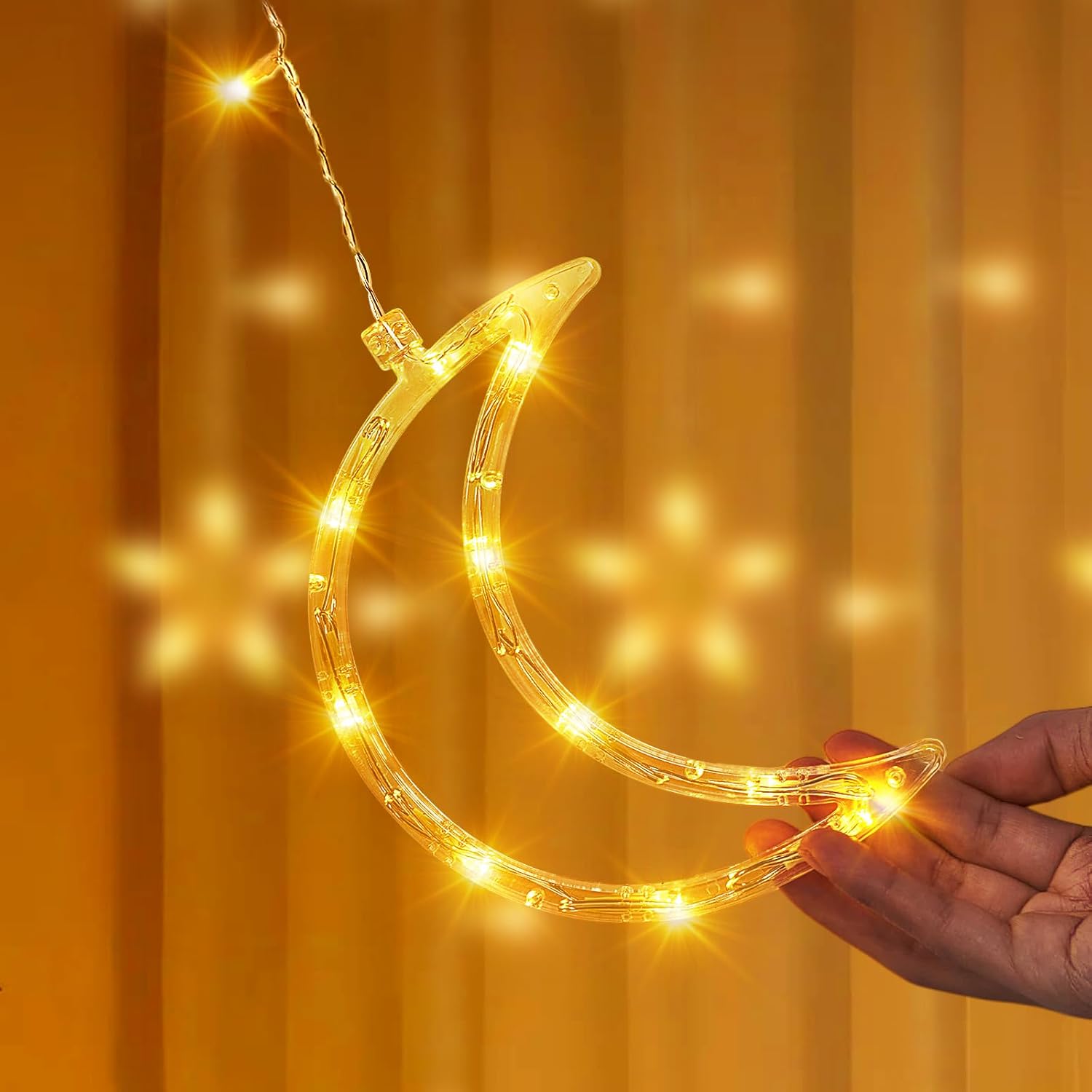 Dazzle Bright Ramadan Curtain String Lights, 138 LED Warm White Star Moon Fairy Lights 8 Lighting Modes with Remote and 12 Hooks for Bedroom Wall, Outdoor Party, Ramadan Decorations