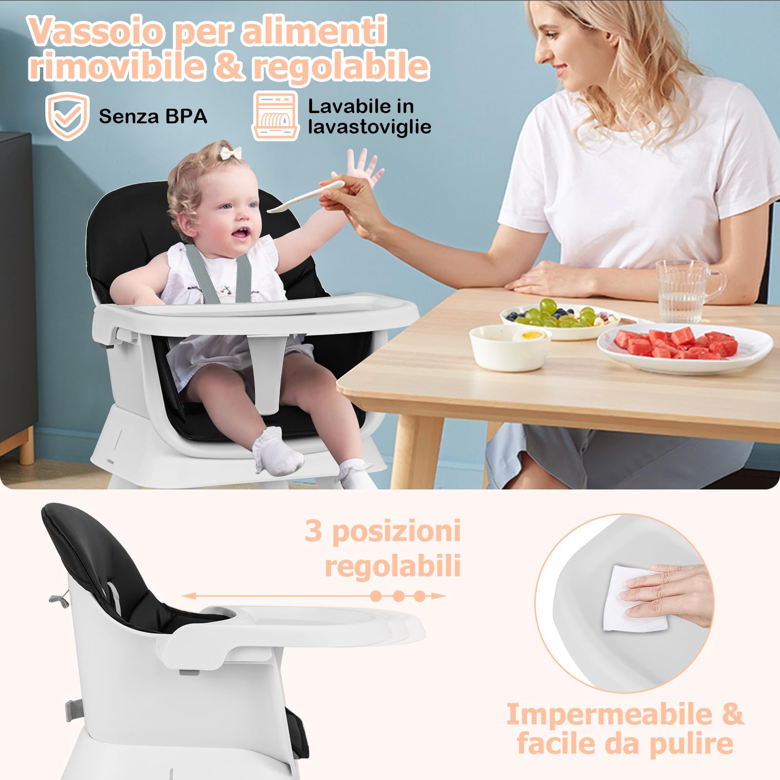 RELAX4LIFE 6 en 1 Trona Bebé con Arnes de 5 Puntos y Cojín Desmontables, Tronas de Bebe Portátil con Bandeja Ajustable y Extraíble, Mesa y Silla Infantil para Niños 6+ Meses, Carga 25kg (Negro)