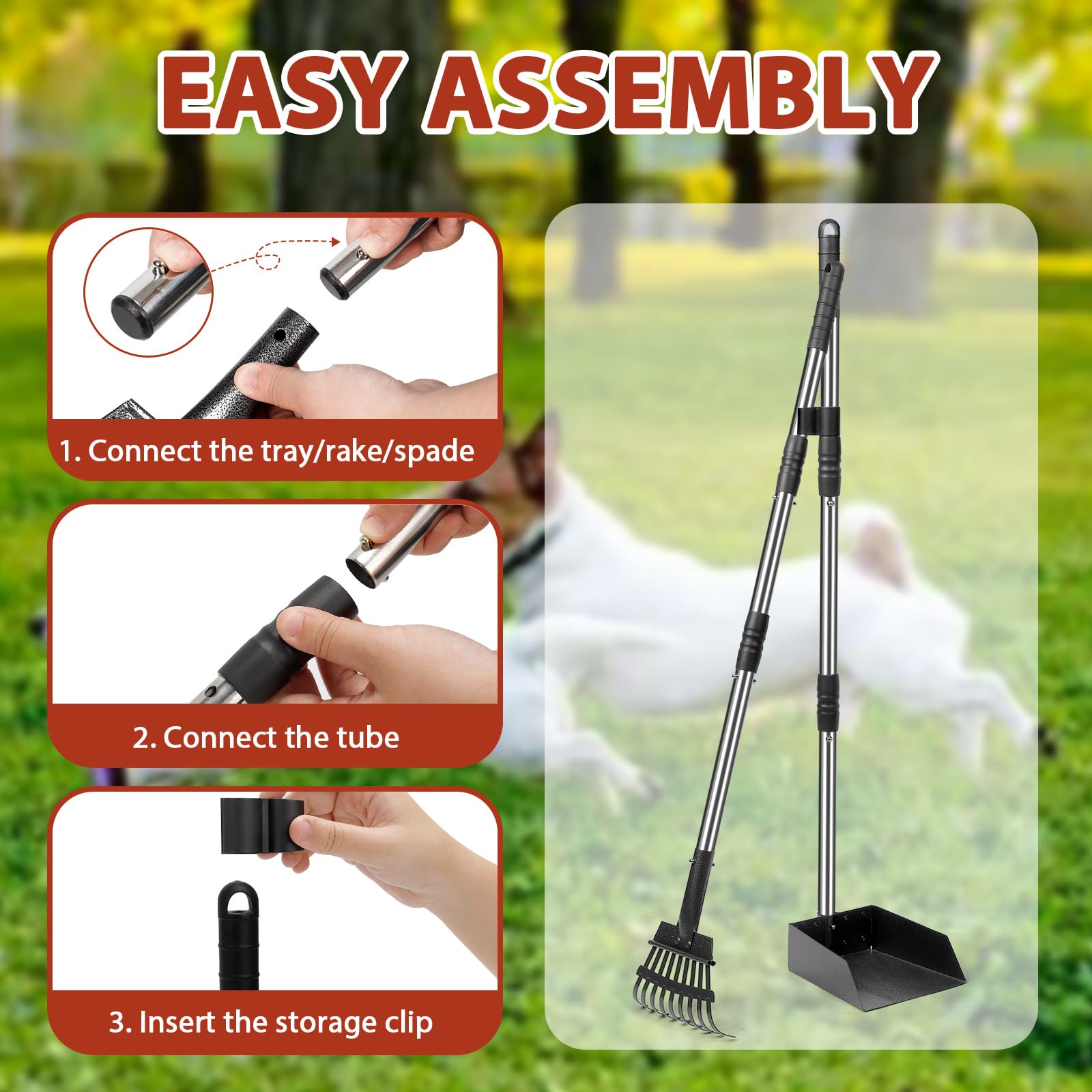 Ramasse crottes pour Chien avec Manche Long de 96 cm – râteau et bac en métal détachables – pour Chiens Grands, Moyens et Petits – Idéal pour Jardin, Herbe, Terre ou Gravier